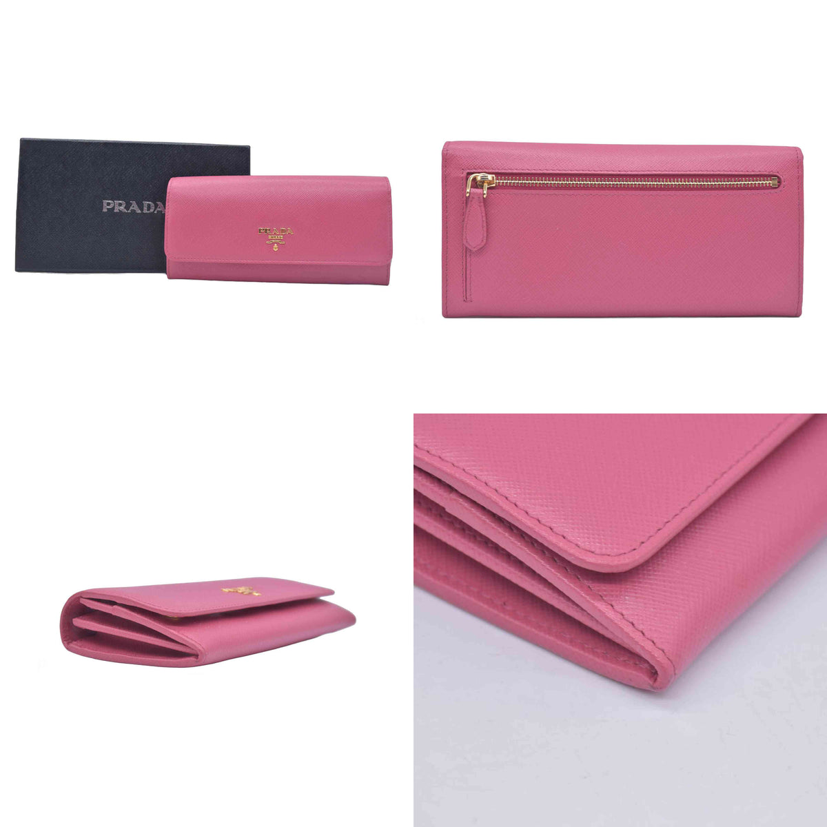 $780 Prada Saffiano Metal Leather Continental Flap Wallet Pink CONSIGNMENT 10021168