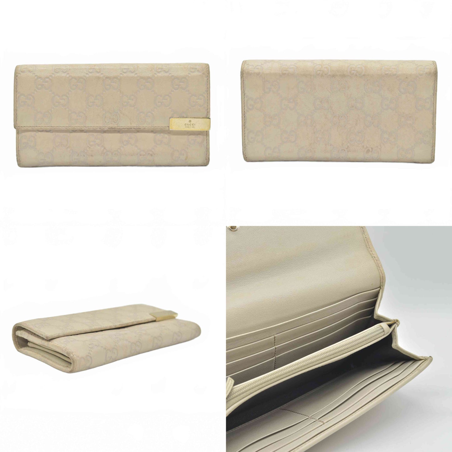 $820 GUCCI GG Logo Leather Long Wallet Ivory Cream