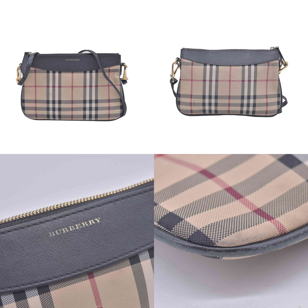 $695 Burberry Horseferry Check Peyton Crossbody Clutch Bag Black CONSIGNMENT Damaged