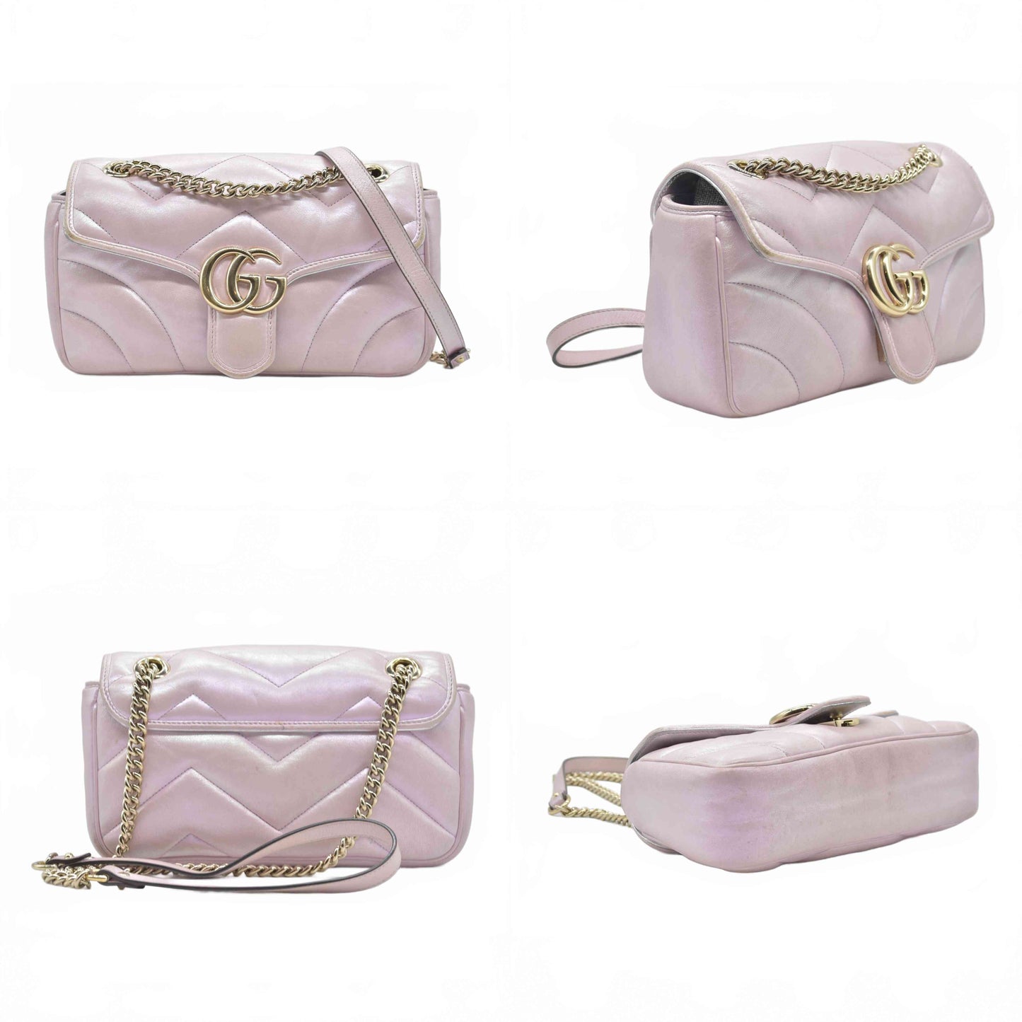 $3600 Gucci Iridescent Nappa Chevron Matelasse Small GG Marmont Shoulder Bag Iridescent Escape Pink