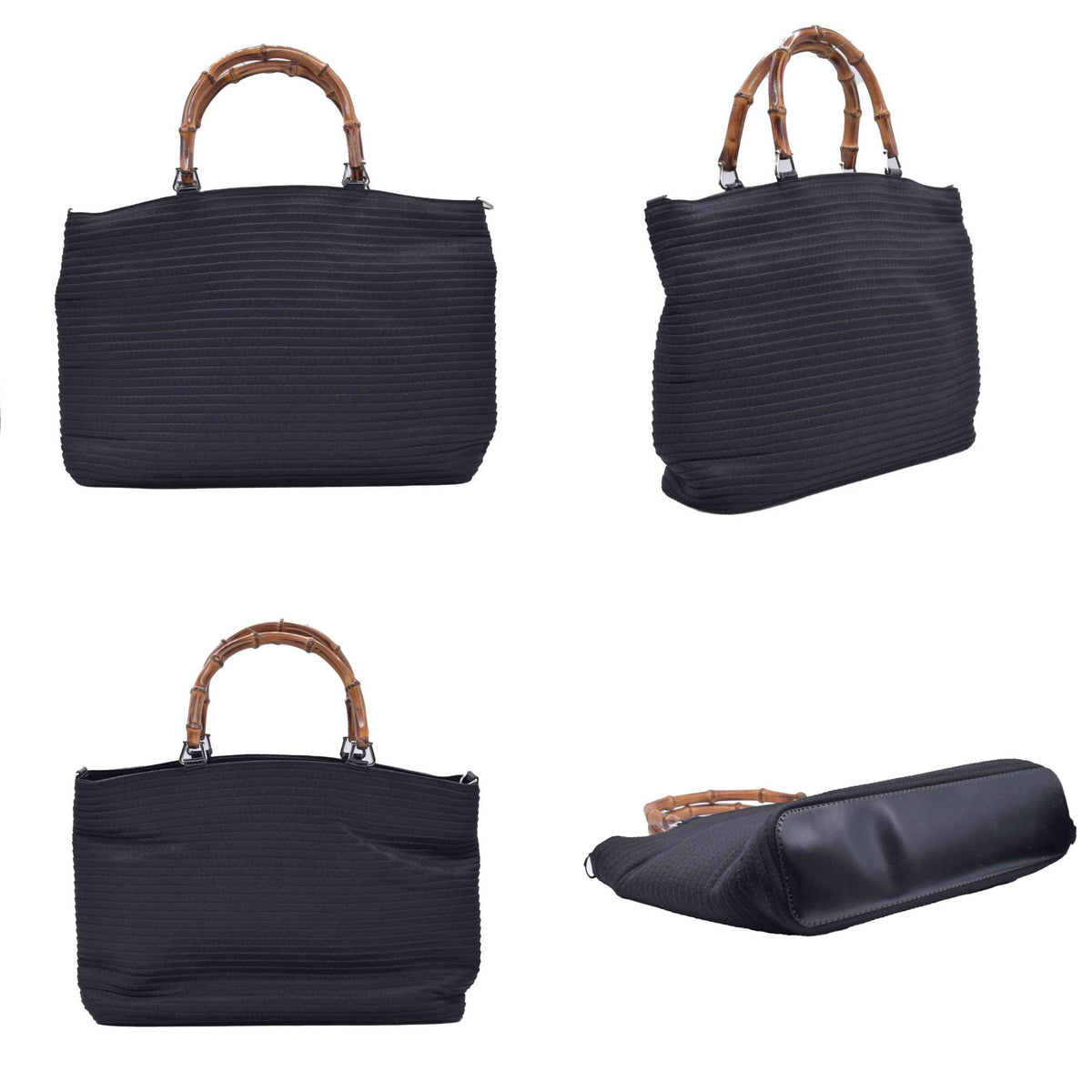 $1050 GUCCI Woven Ribbed Nylon Bamboo Handle Tote Bag Black CONSIGNMENT 10021183