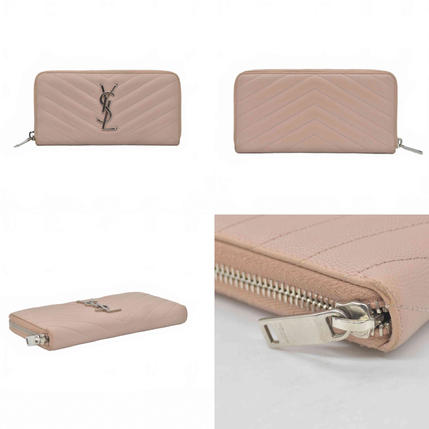 $950 Saint Laurent Grain De Poudre Matelasse Chevron Monogram Zip Around Wallet YSL