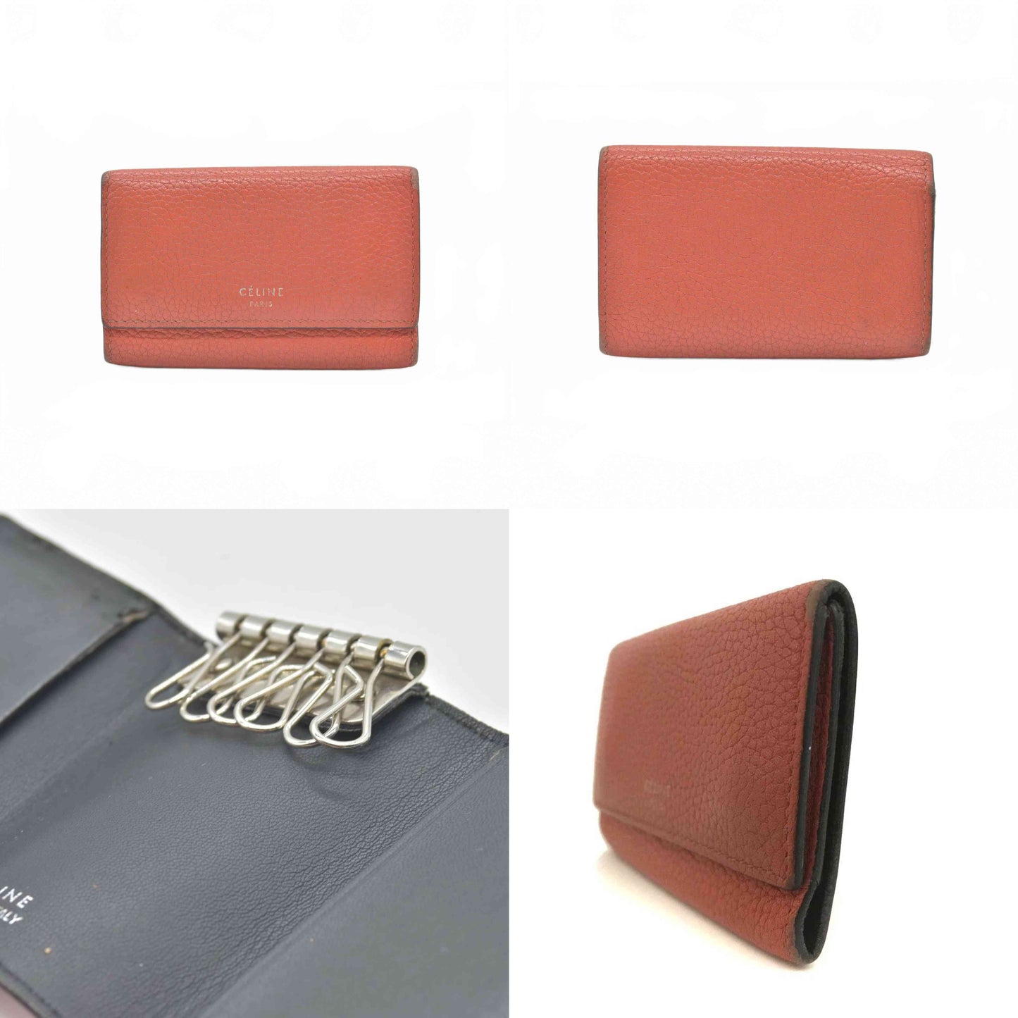 $580 CELINE Logo Leather 6 Ring Key Case Orange