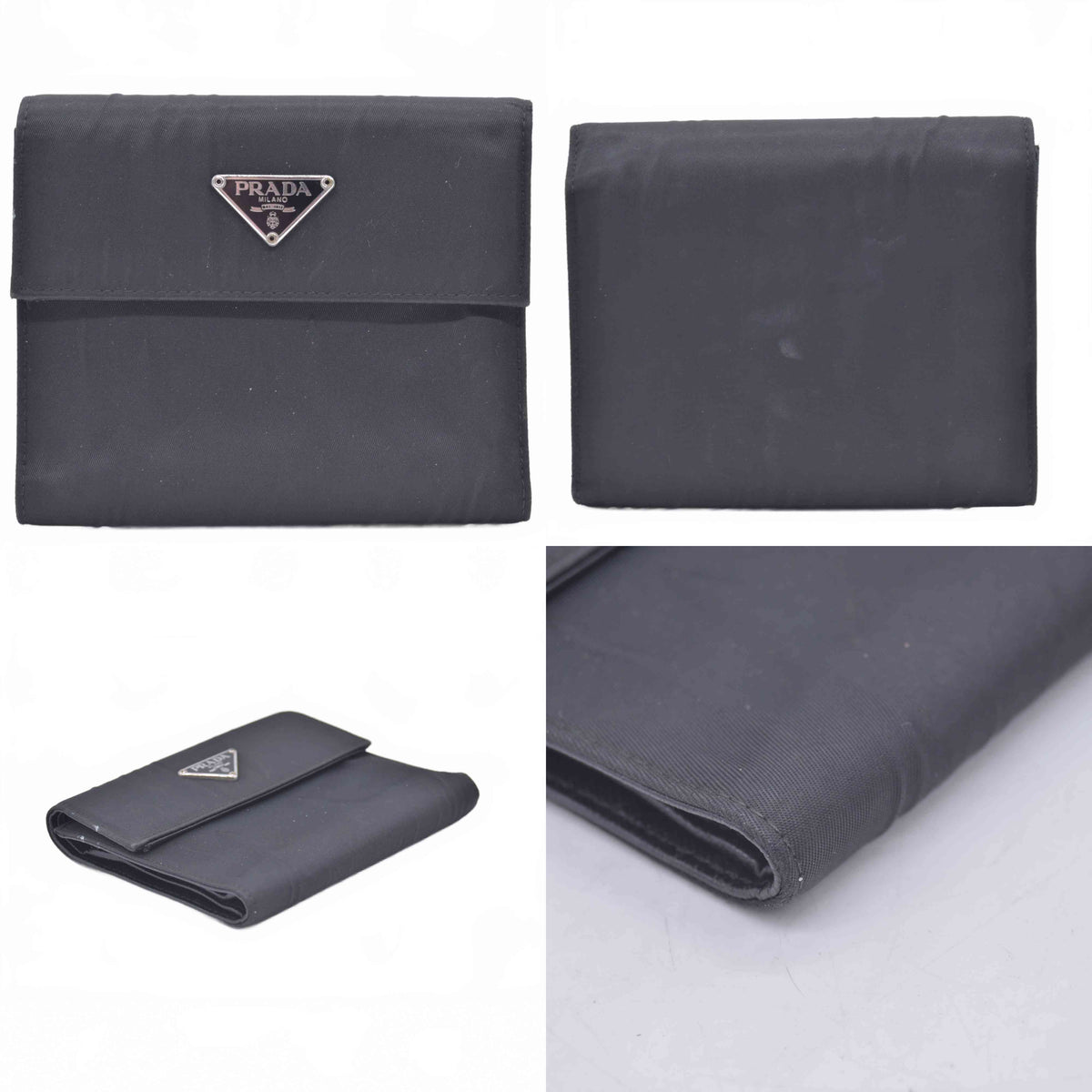 $775 PRADA Logo Plate Nylon Trifold Wallet Black 10021030