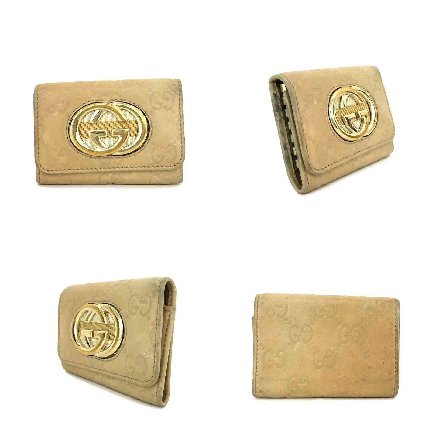 GUCCI Ssima Interlocking G Leather 6 Rings Key Case Beige