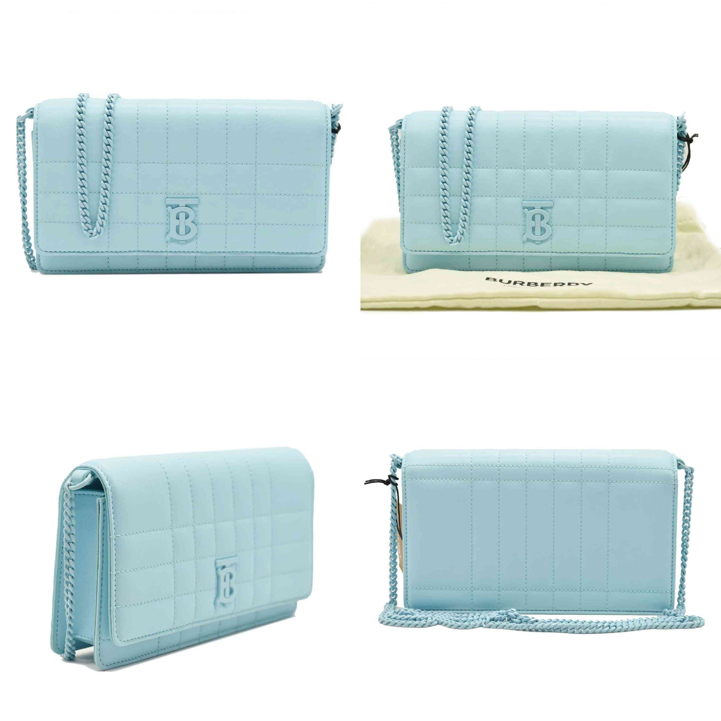 BURBERRY Lola TB Quilted Leather Clutch on Chain Sky Blue