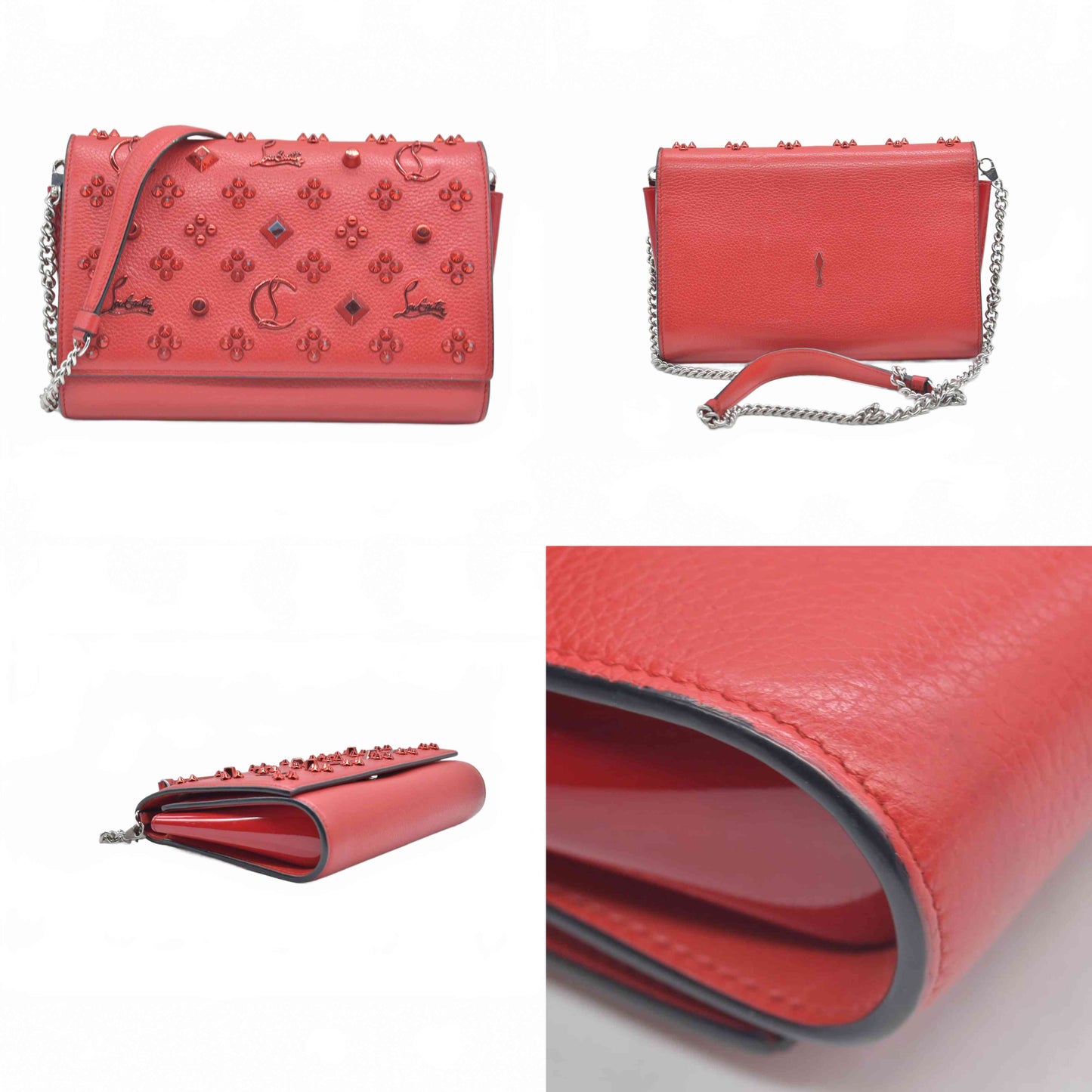 $1590 Christian Louboutin Calfskin Spikes Loubinthesky Paloma Clutch Red