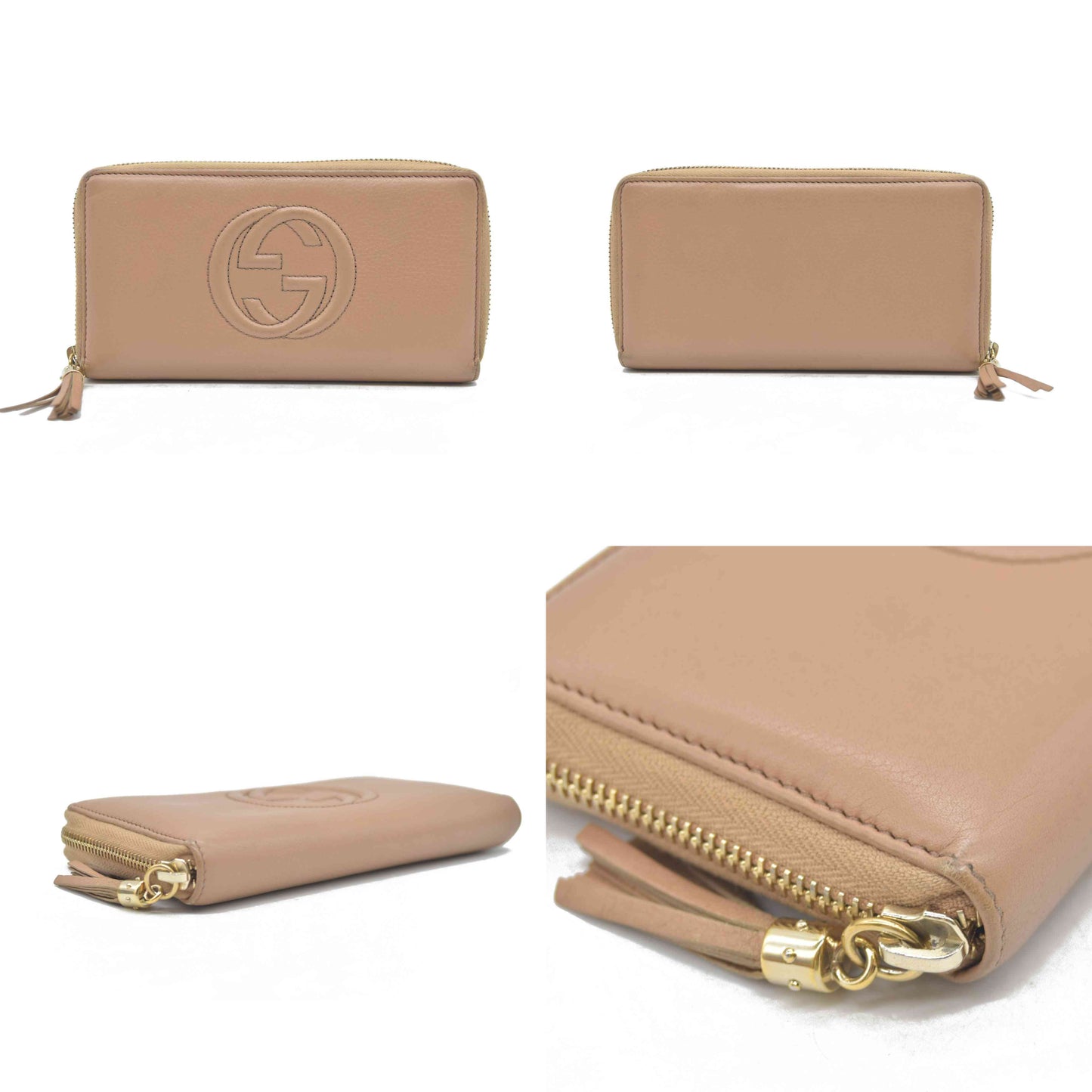 $660 Gucci Calfskin Soho Zip Around Wallet Beige Smooth