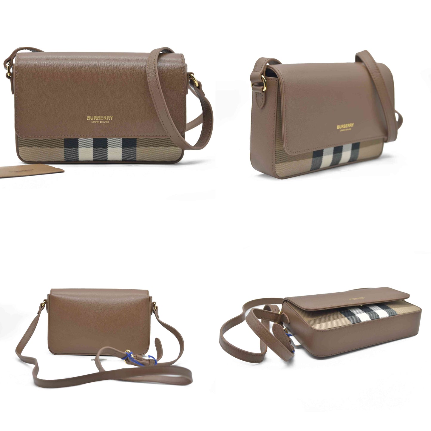 $1150 Burberry Hampshire Small House Check & Leather Crossbody Brown