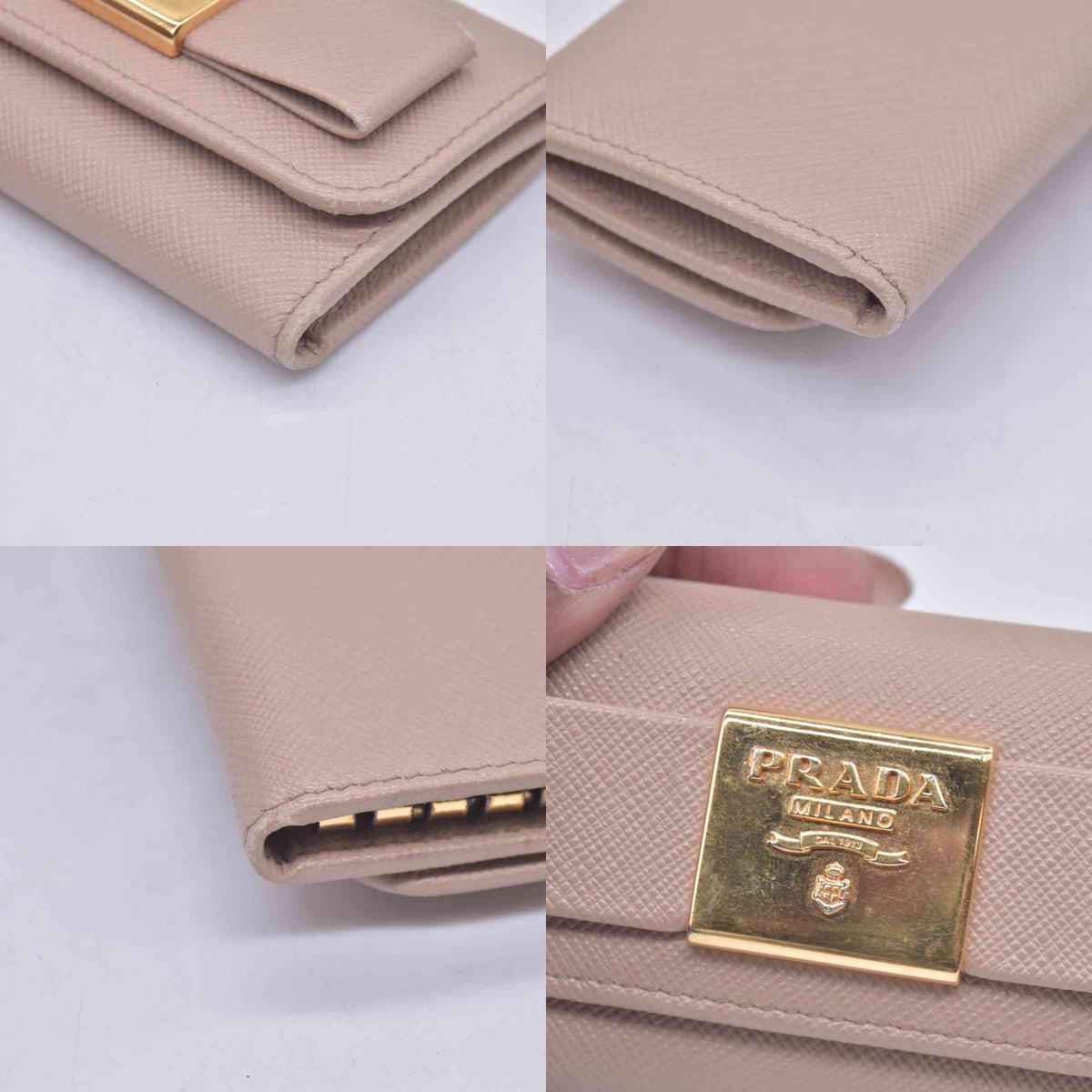 $595 Prada Saffiano Lux Leather Compact Wallet Beige CONSIGNMENT 10020907