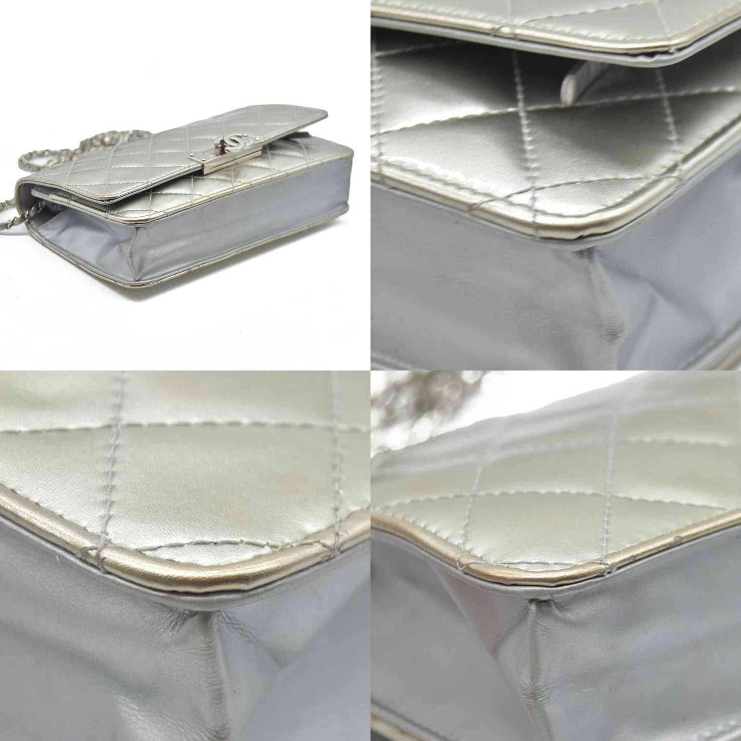 $3000 Chanel  Patent Quilted Golden Class Wallet on Chain WOC Silver