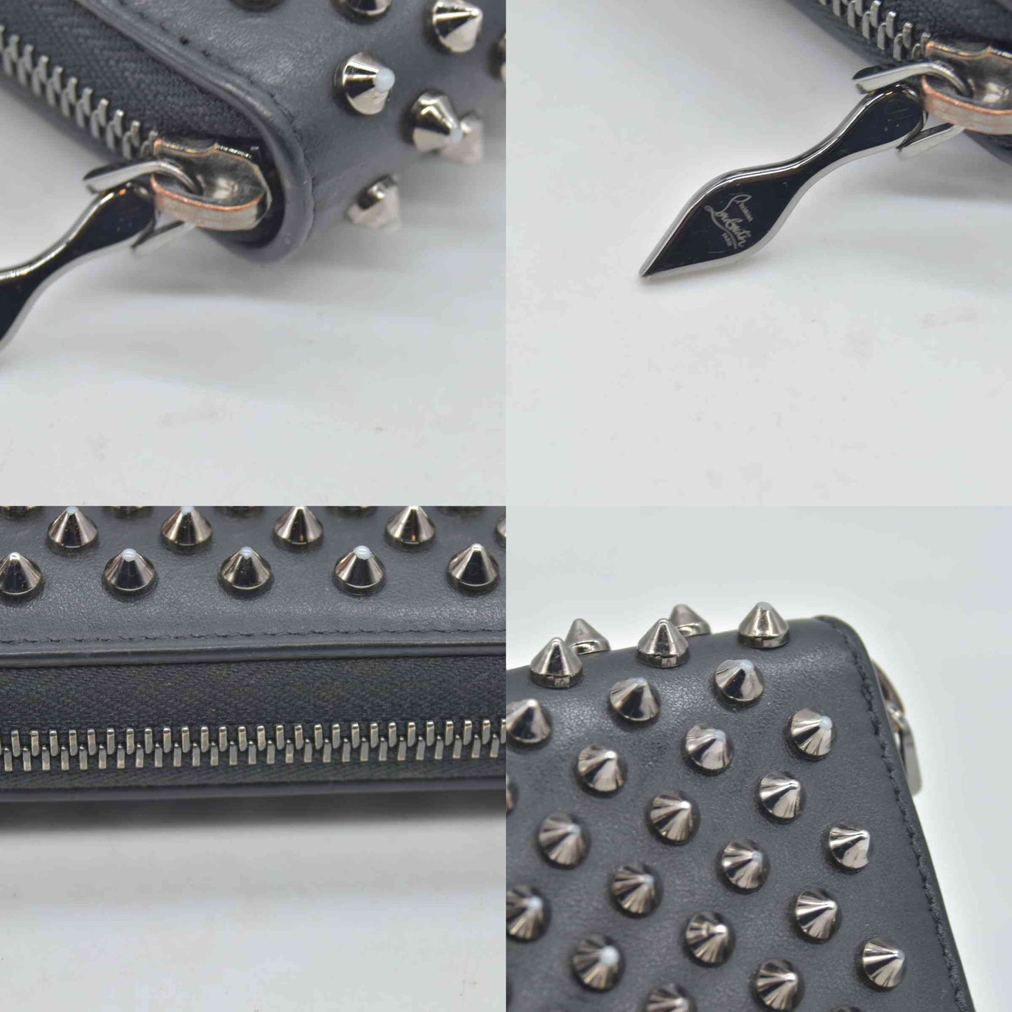 $950 Christian Louboutin Calfskin Panettone Spiked Zip Around Wallet Black