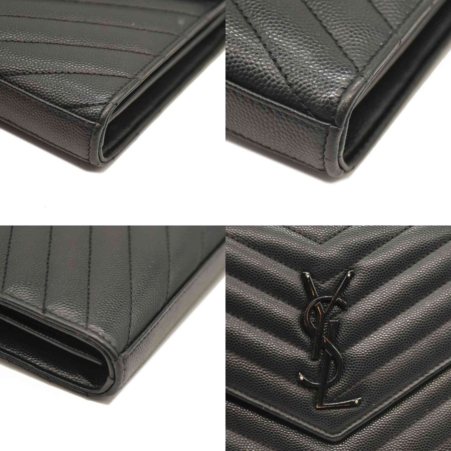 Saint Laurent  Grain De Poudre Matelasse Chevron Monogram Monochrome Chain Wallet Black