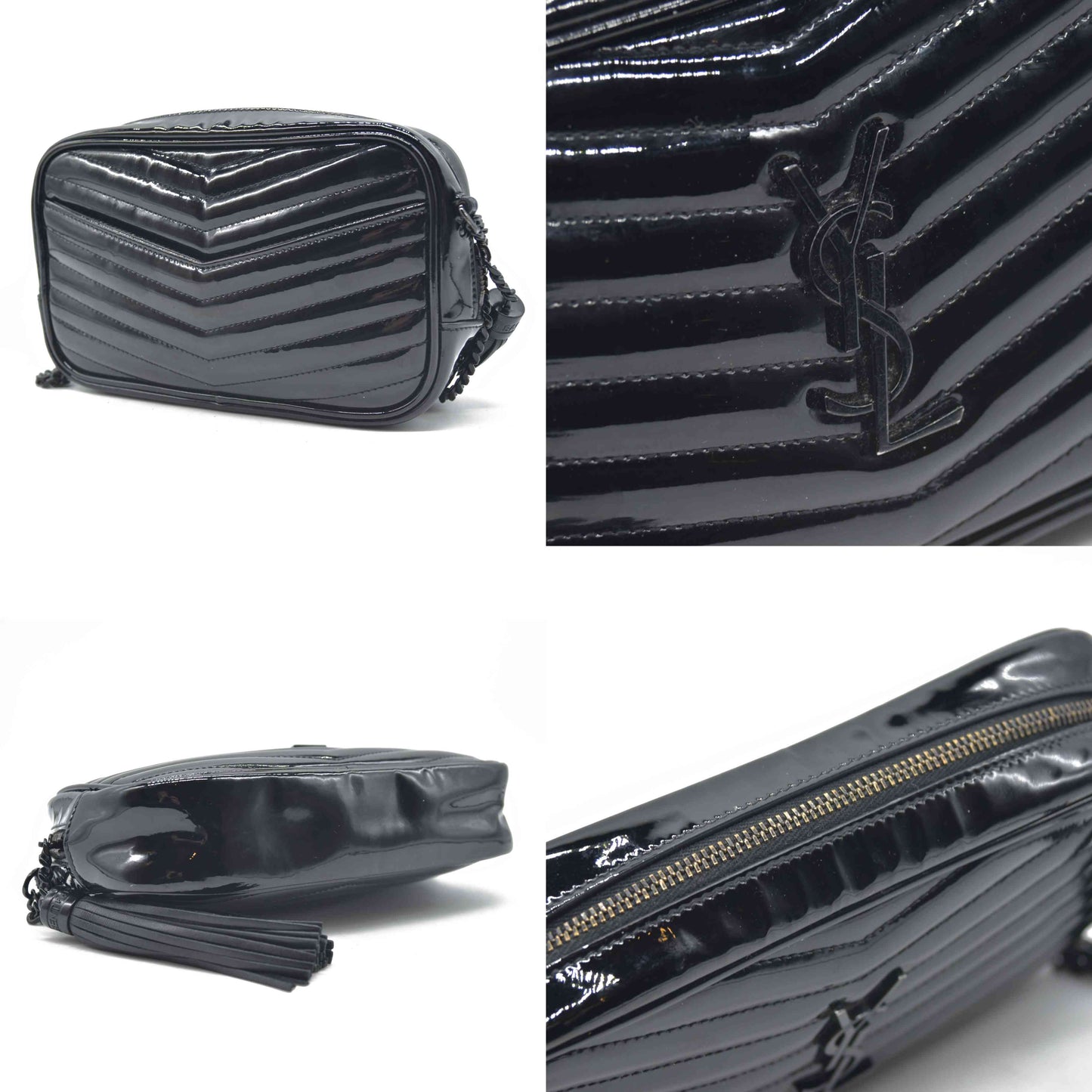 $1690 Saint Laurent Patent Leather Matelasse Monochrome Monogram Mini Lou Camera Bag Black