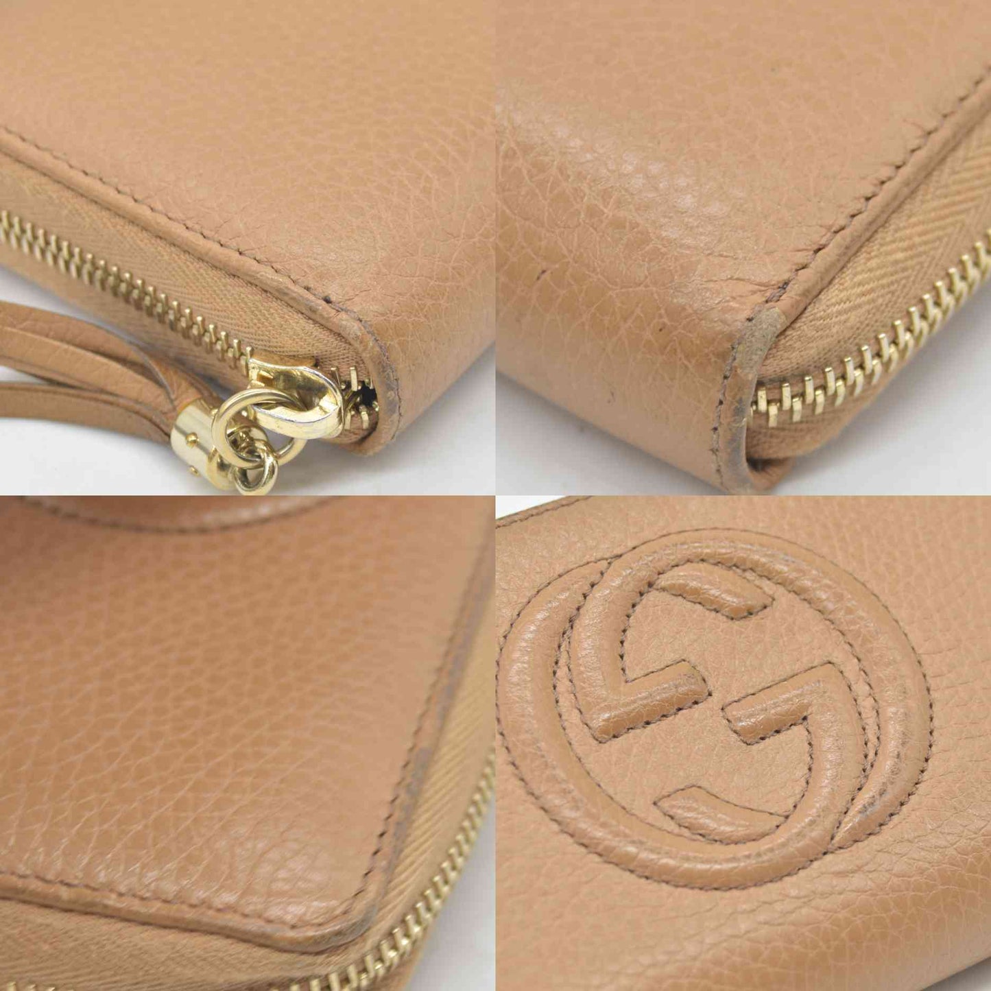$660 Gucci Calfskin Soho Zip Around Wallet Beige Pebbled