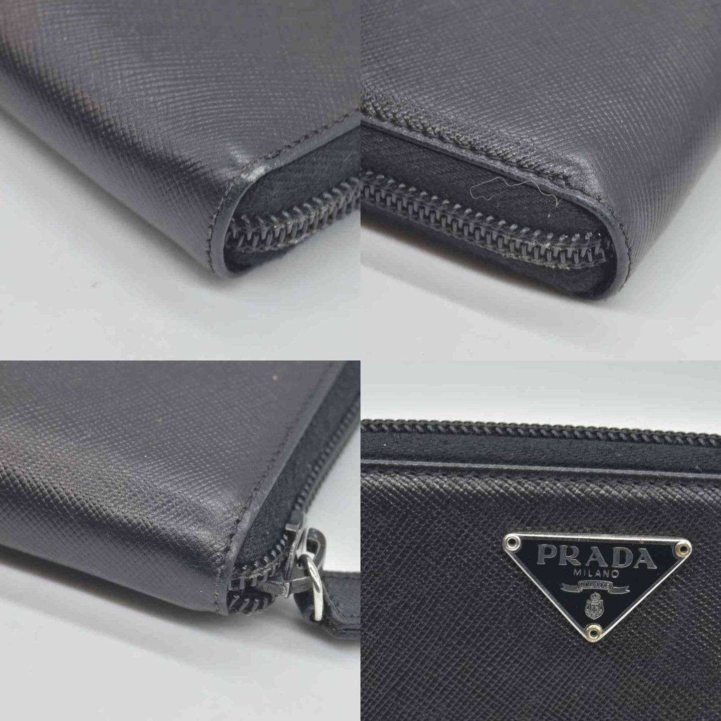 $1050 Prada Saffiano Triangle Zip Around Wallet Black CONSIGNMENT