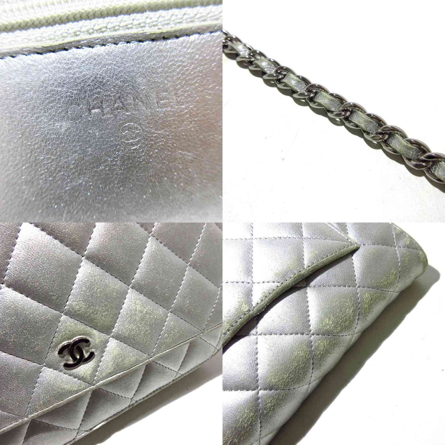CHANEL Metallic Lambskin Quilted Wallet On Chain WOC Silver 15*