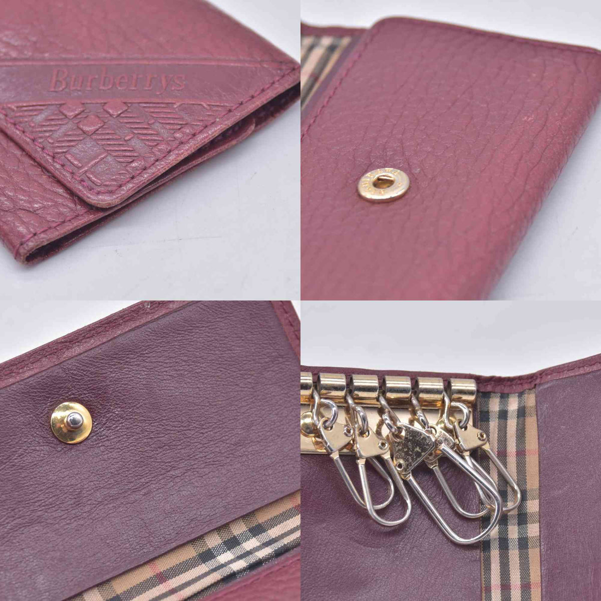 $320 BURBERRYS Grainy Leather Check Embossed 5-Key Case Burgundy CONSIGNMENT 10021214