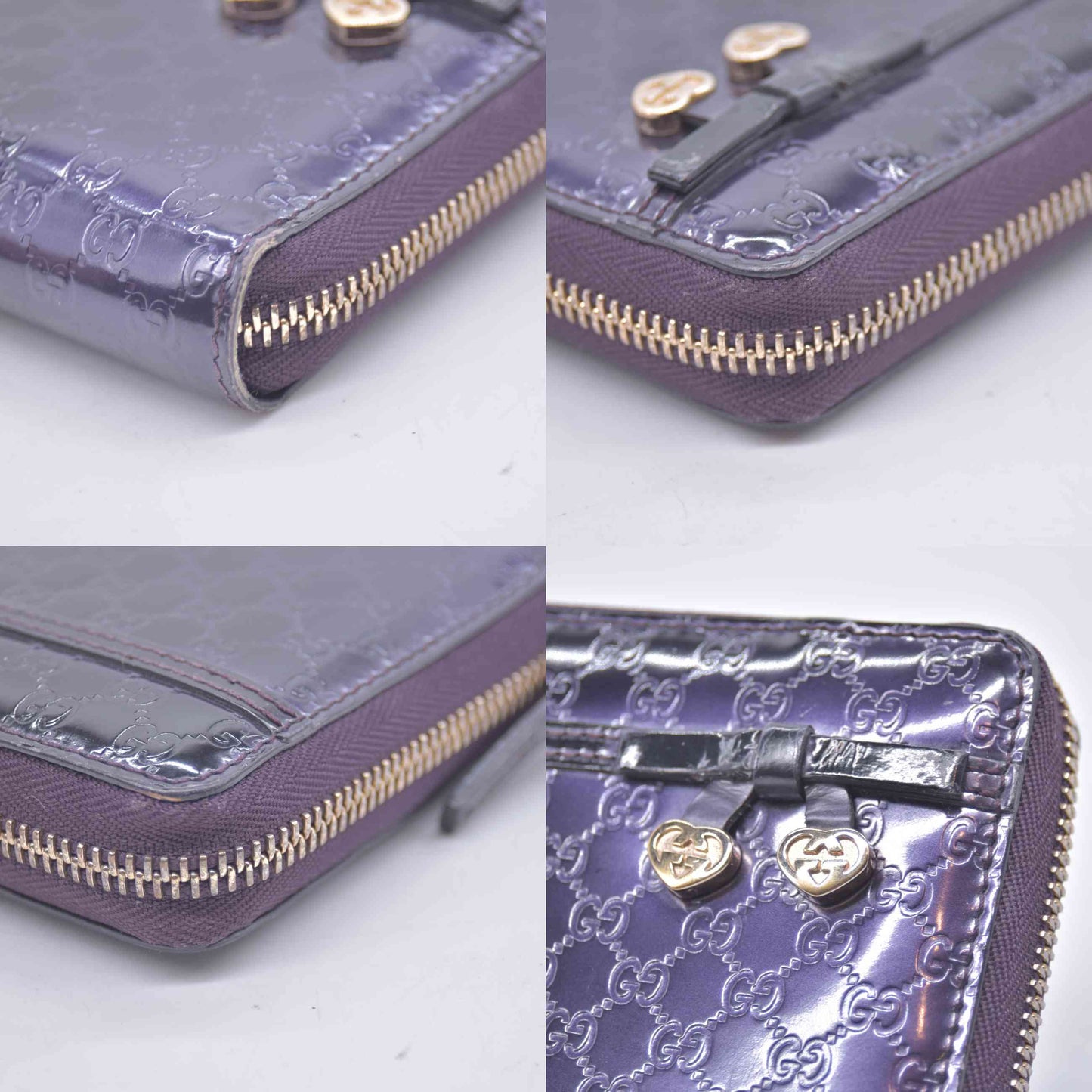 $595 Gucci Guccissima Metallic Micro GG Zip Around Wallet Purple CONSIGNMENT