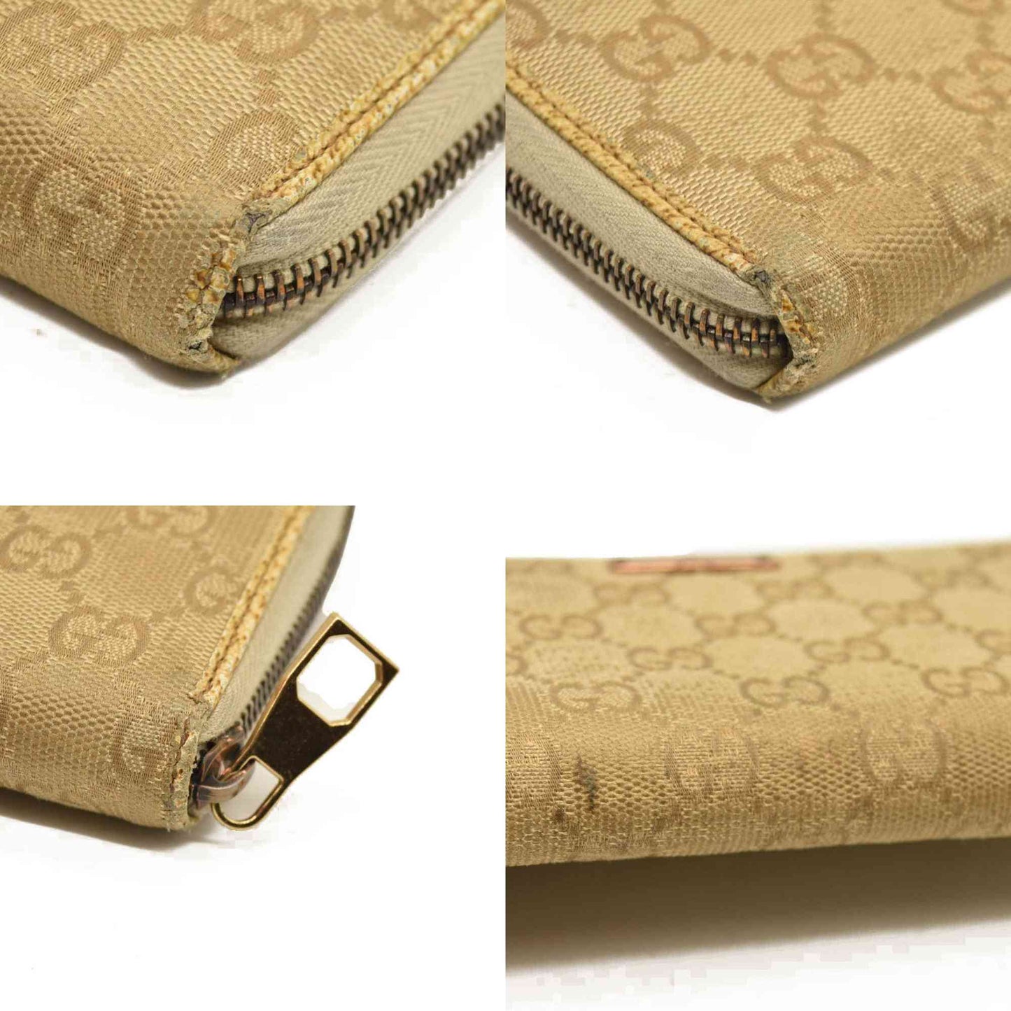 Gucci  Monogram Metal Bar Zip Around Wallet Beige Ebony Cream