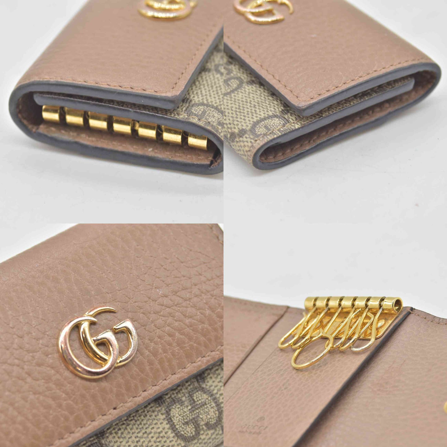 $350 GUCCI GG Dollar Calfskin GG Supreme Monogram GG Marmont 6 Key Holder Case Old Rose Beige Ebony