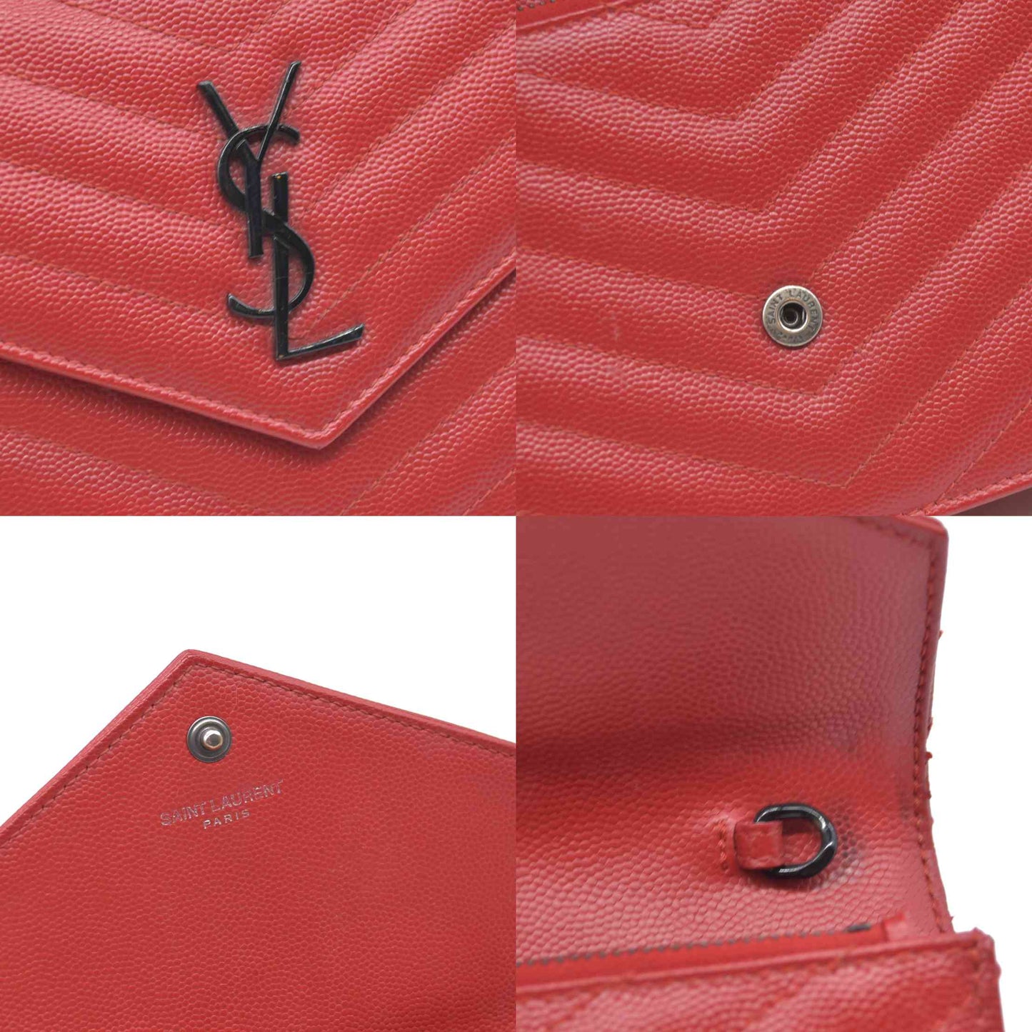 $1190 Saint Laurent Grain De Poudre Matelasse Chevron Monogram Envelope Chain Wallet Red