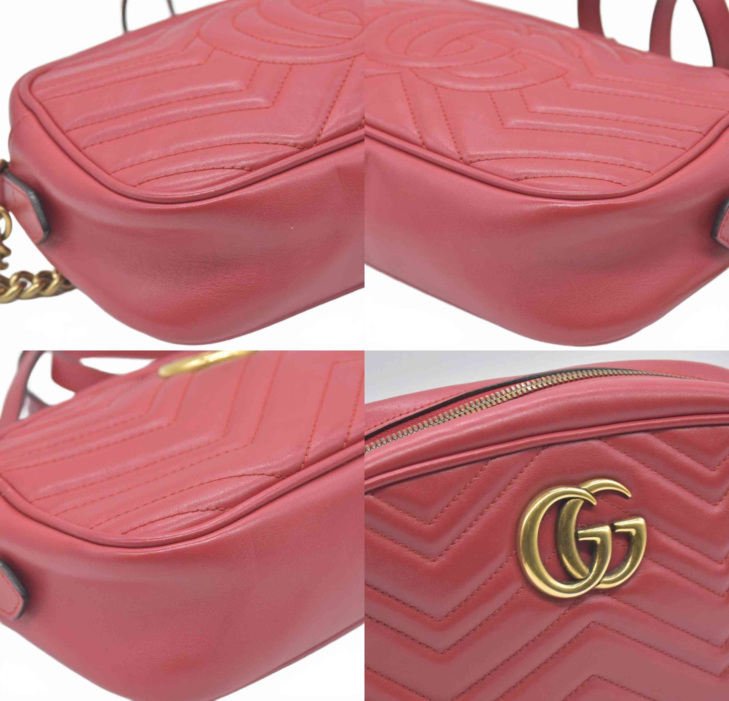 $1950 Gucci Calfskin Matelasse Small GG Marmont Chain Shoulder Bag Hibiscus Red Crossbody