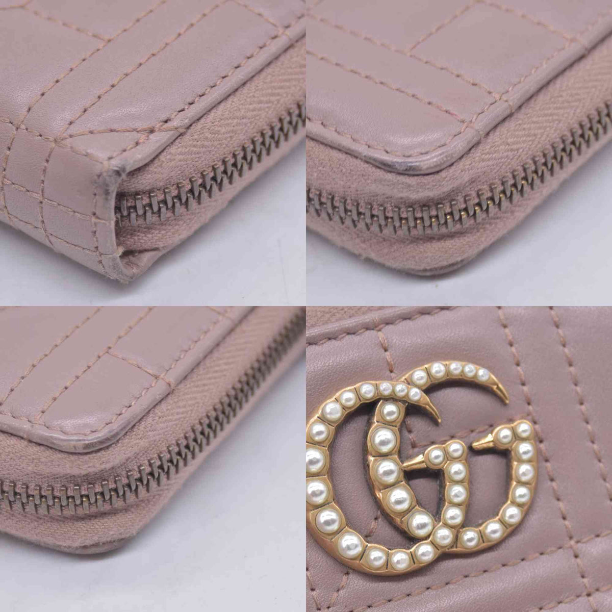 $820 GUCCI Quilted Nappa Faux Pearl GG Marmont Zip Around Wallet Taupe CONSIGNMENT 10021284