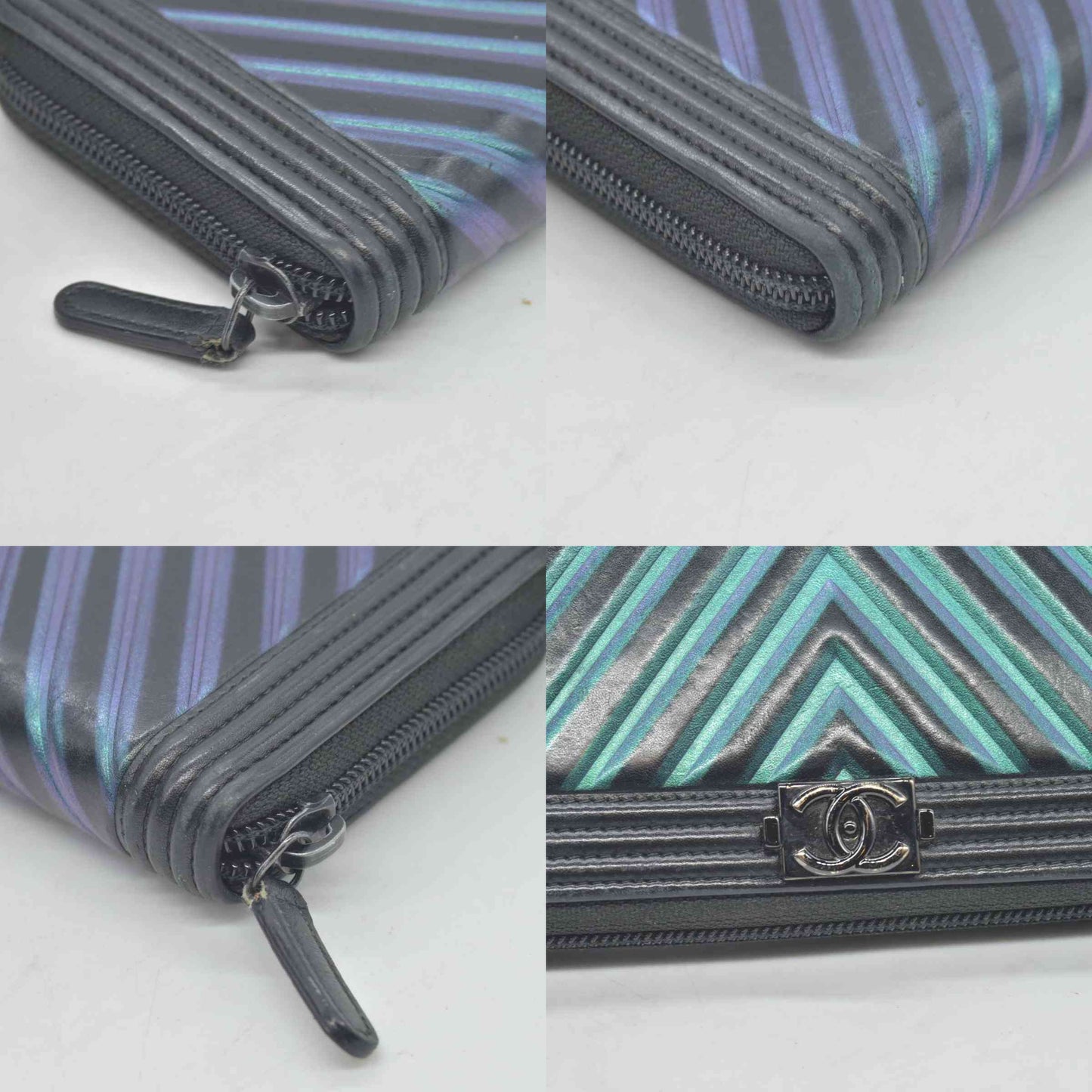 Chanel Calfskin Chevron Quilted Iridescent Zip Around Boy Wallet CONSIGNMENT