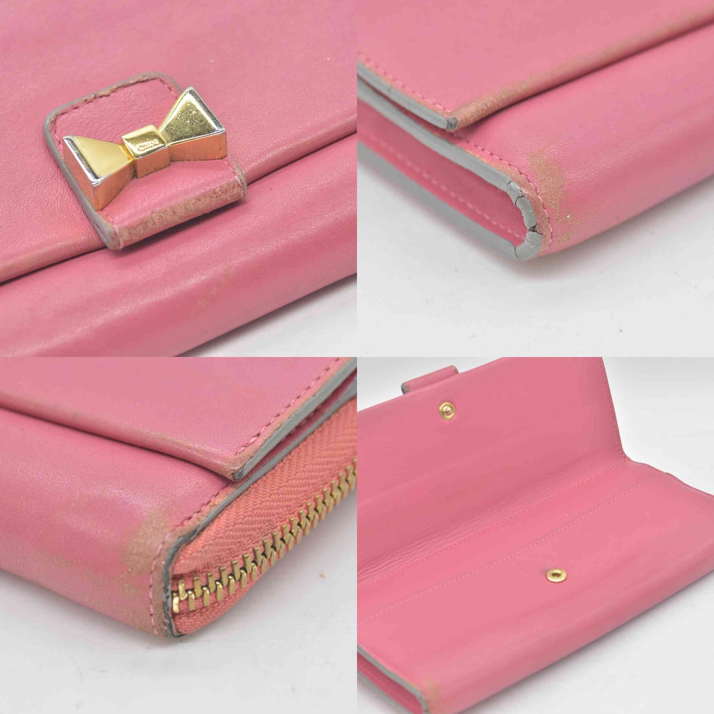 $590 Chloe Bobbie Ribbon Leather Zippy Long Wallet Purse Pink