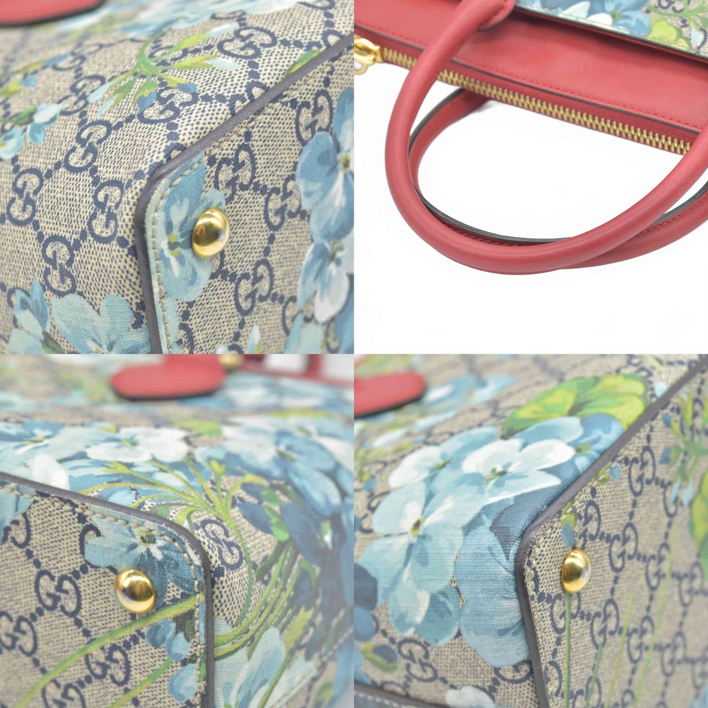 GUCCI GG Supreme Monogram Blooms Medium Zip Top Tote Beige Blue Navy Hibiscus Red CONSIGNMENT