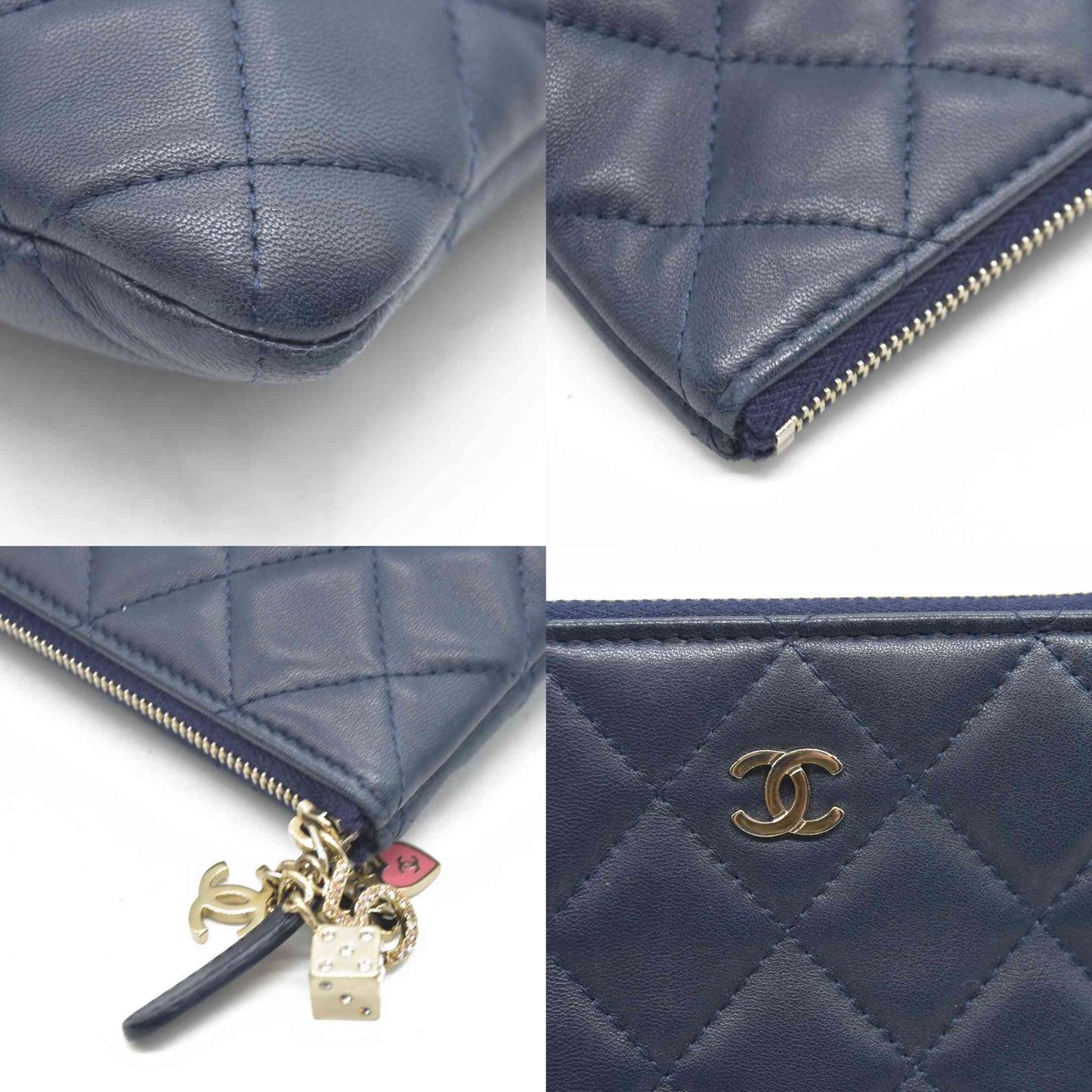 $1475 Chanel Navy Lambskin Classic Charm Decoration New Medium Clutch