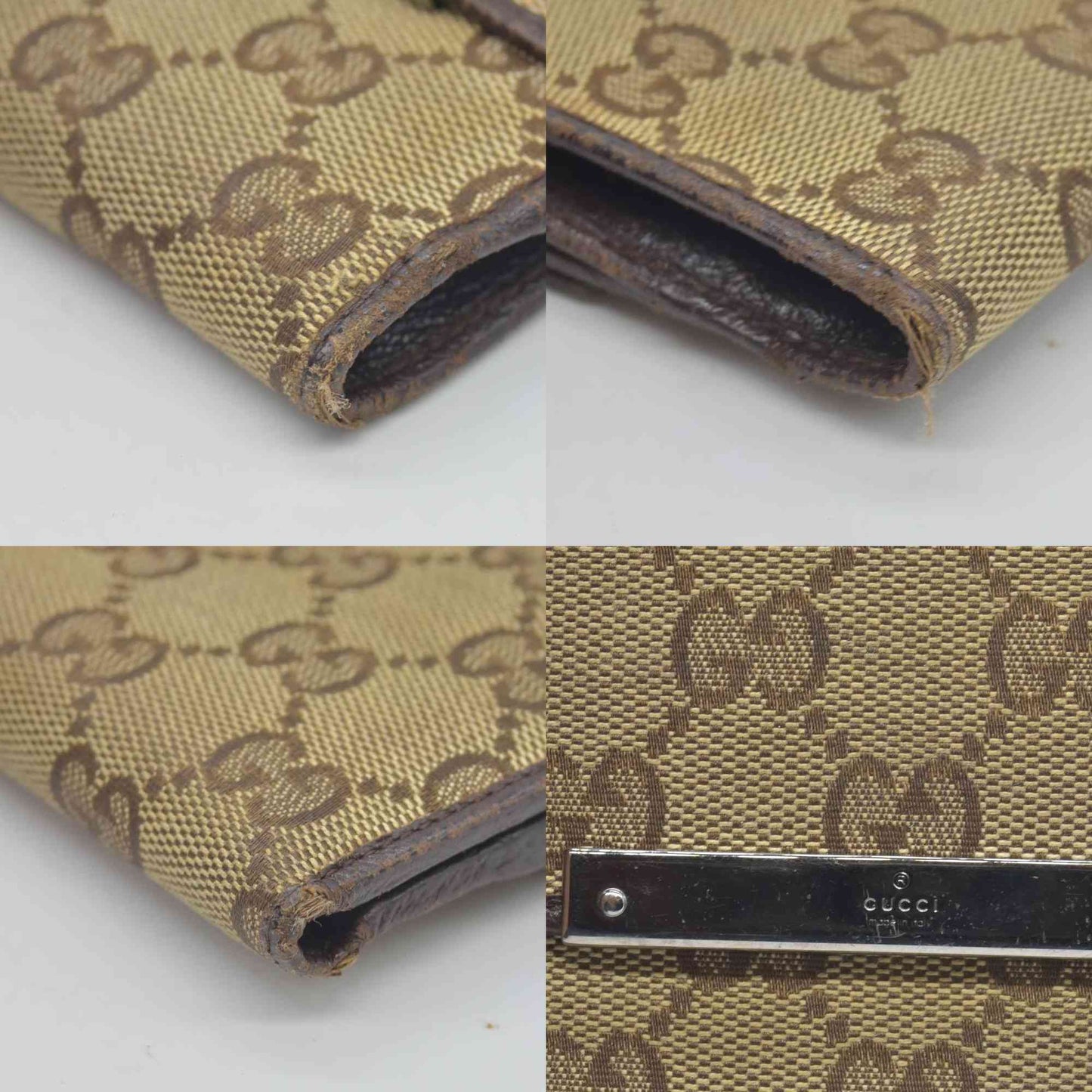 $510 GUCCI GG Canvas Leather Compact Wallet Bifold Double Snap Beige CONSIGNMENT