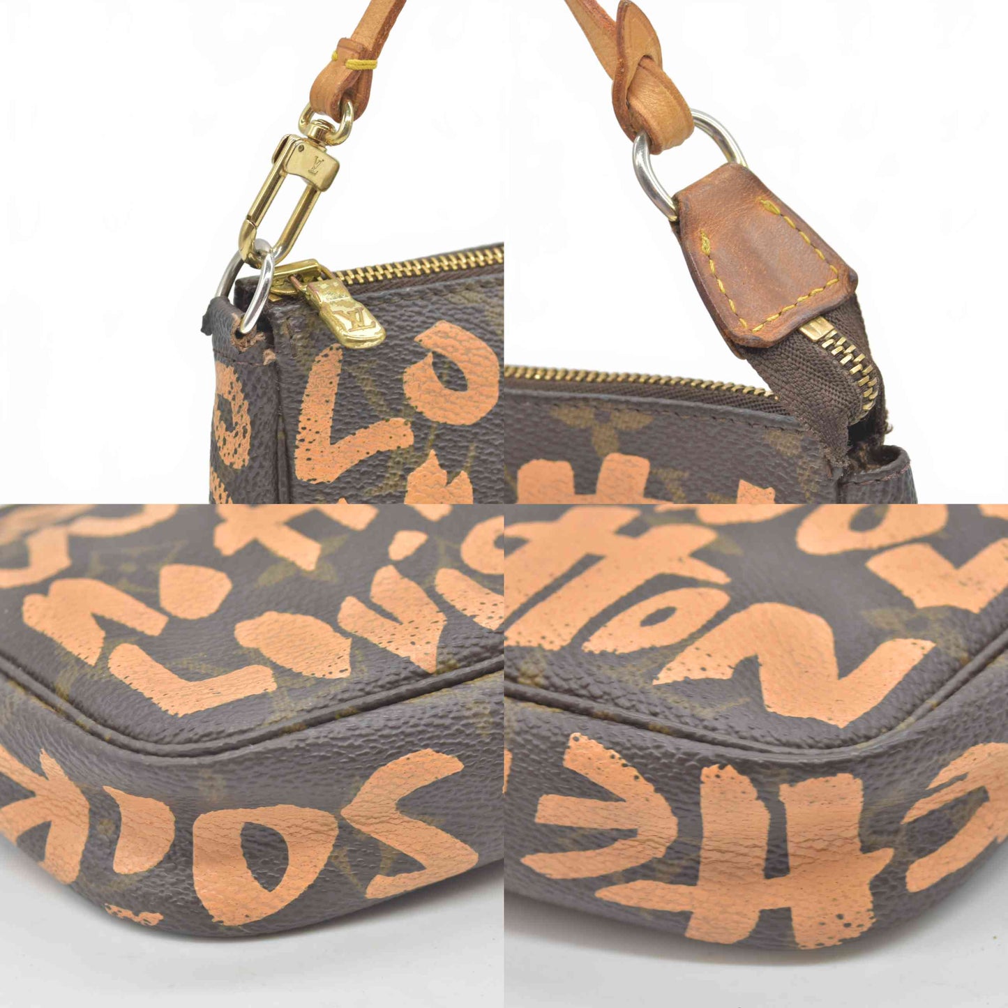 $1290 2001 Louis Vuitton Monogram Graffiti Pochette Accessories Peach AR0071