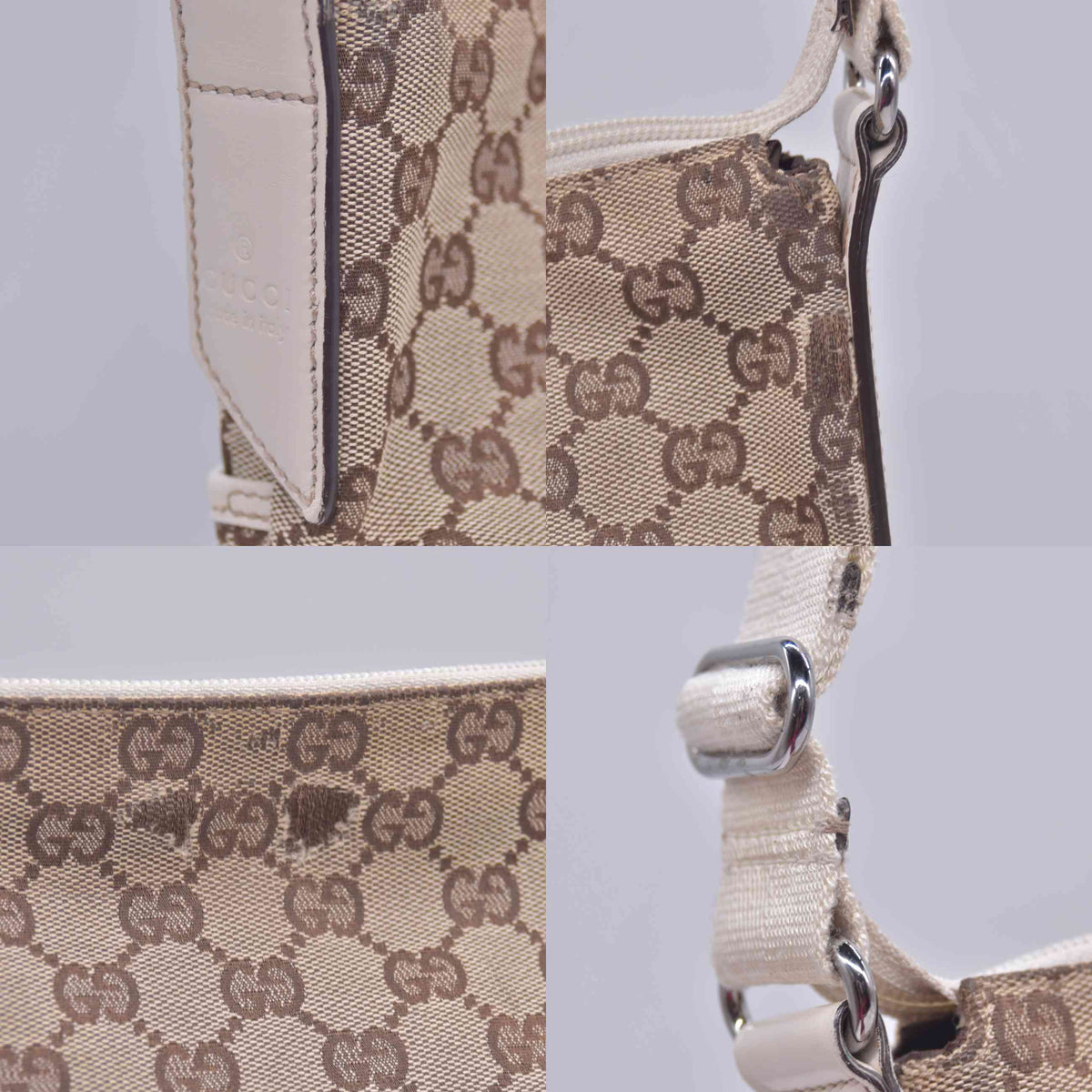 $800 Gucci Monogram Calfskin Perforated Medium Flat Messenger Bag Off White