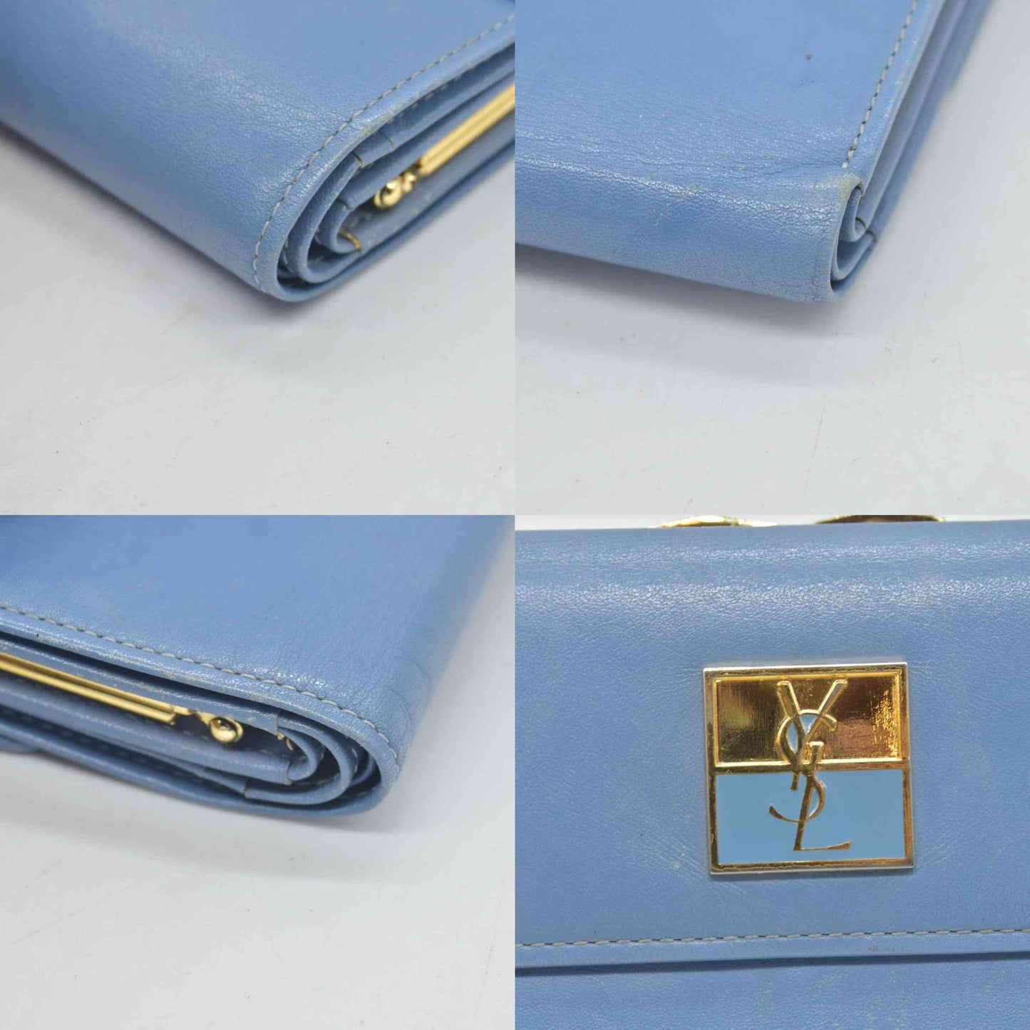 $480 Saint Laurent Monogram YSL Vintage Wallet Blue Leather CONSIGNMENT