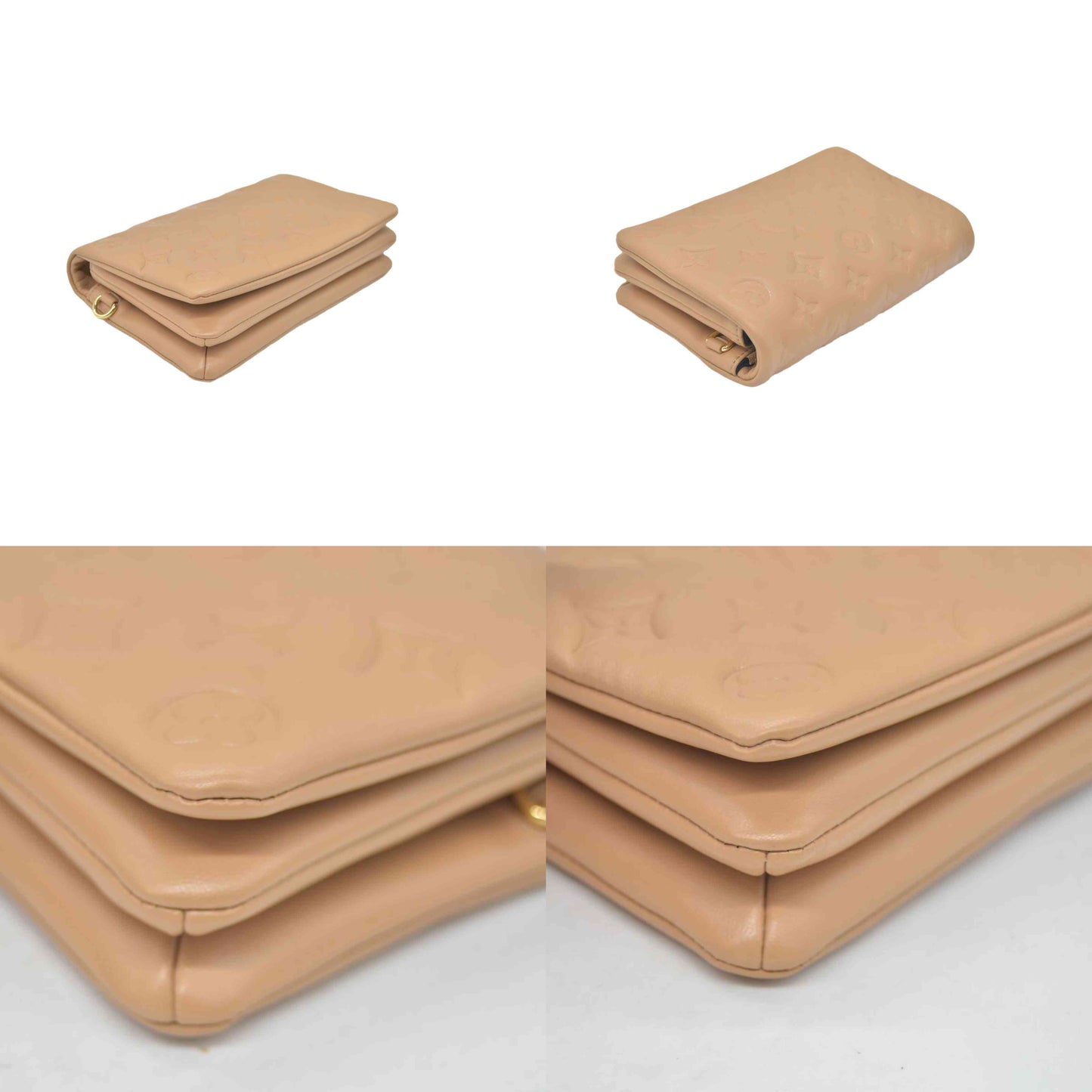 $3150 Louis Vuitton Lambskin Embossed Monogram Pochette Coussin Camel