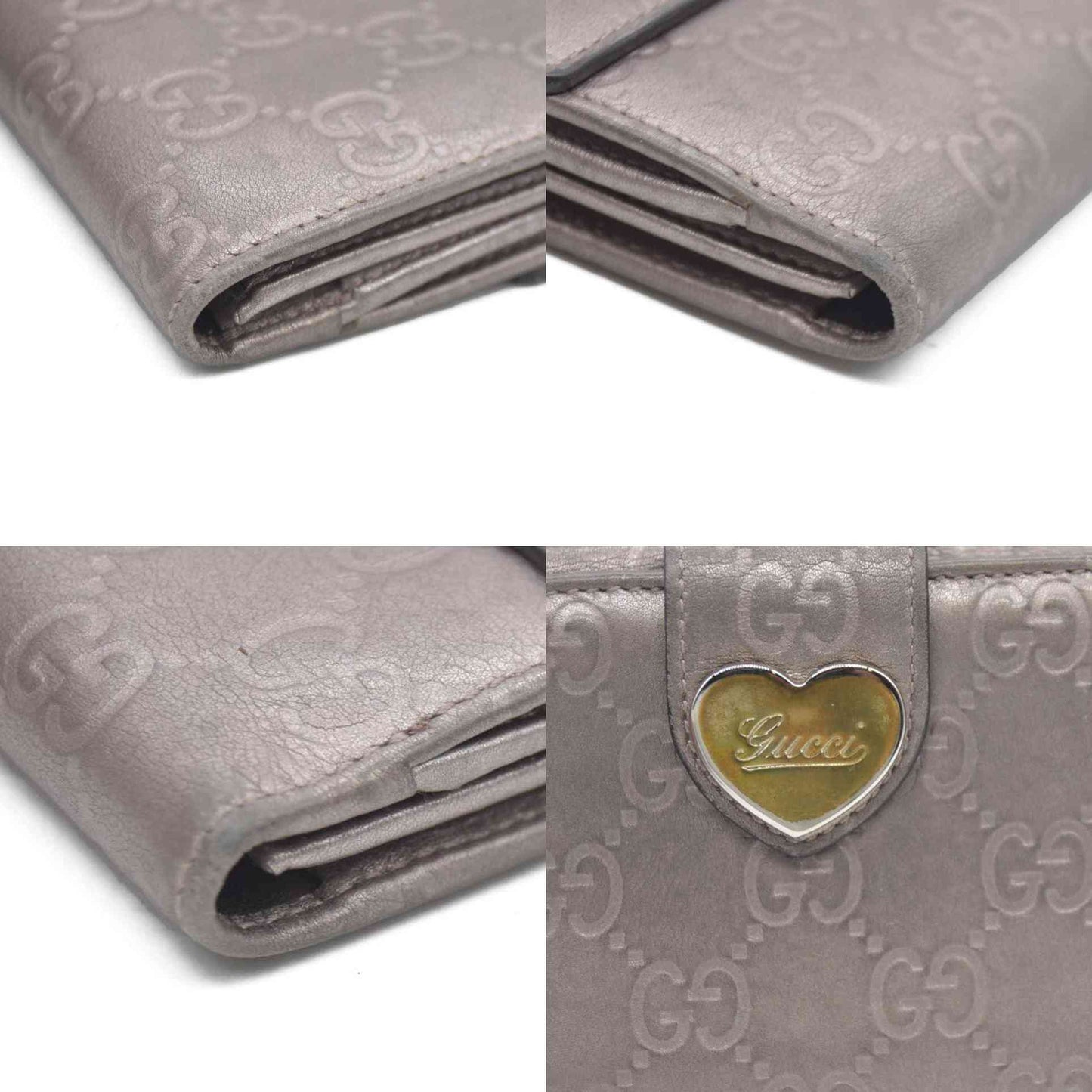 GUCCI Ssima Heart GG Logo Leather Long Bifold Wallet Gray