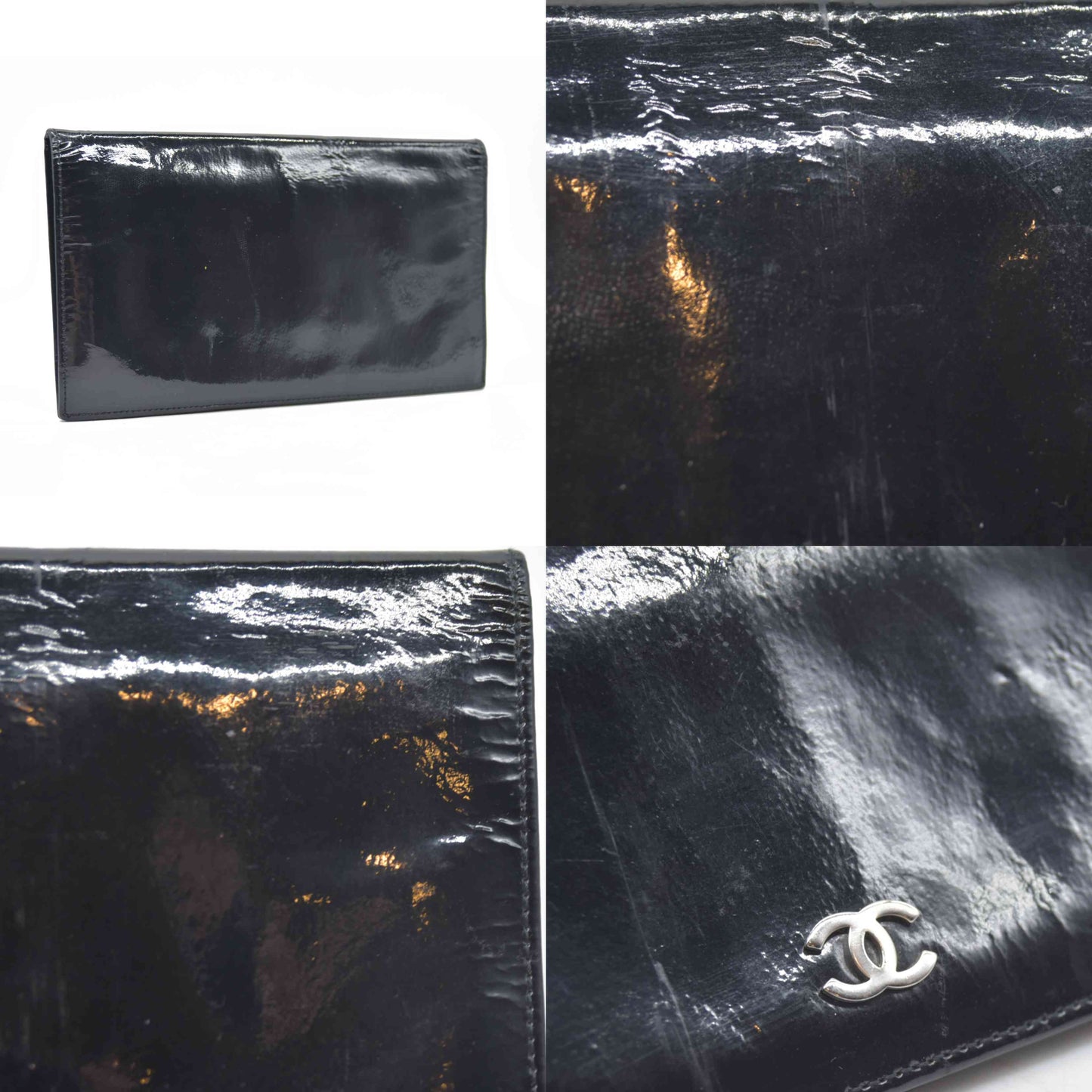 $800 2002 Chanel Interlocking CC Logo Bifold Wallet Black Patent Leather