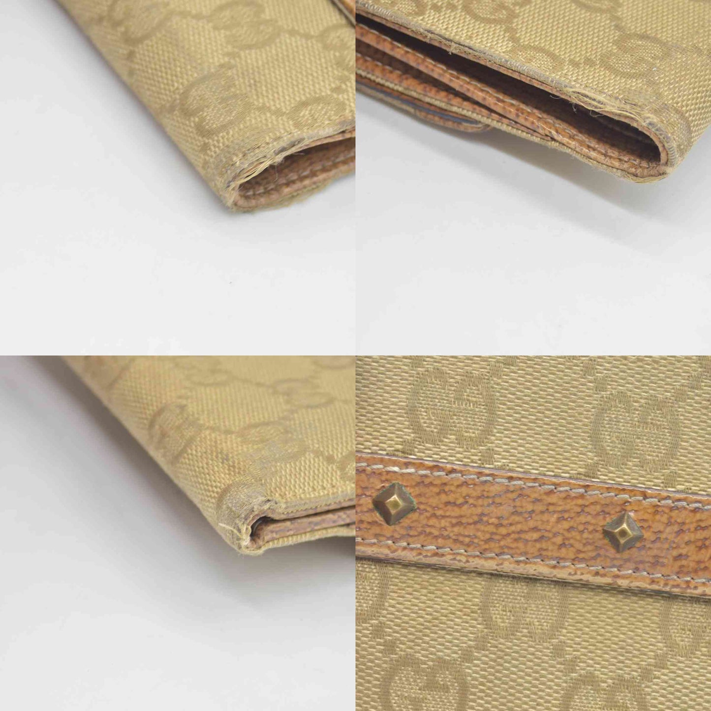 $420 Gucci Gucci Beige/Brown GG Canvas Nailhead Compact Wallet CONSIGNMENT