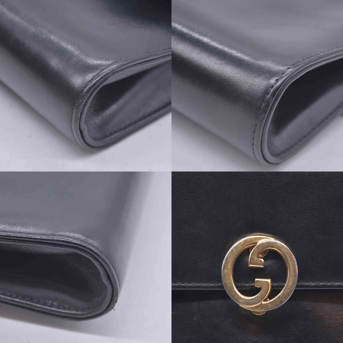$1450 GUCCI Calfskin Vintage Interlocking GG Chain Flap Clutch Bag Black CONSIGNMENT 10021223
