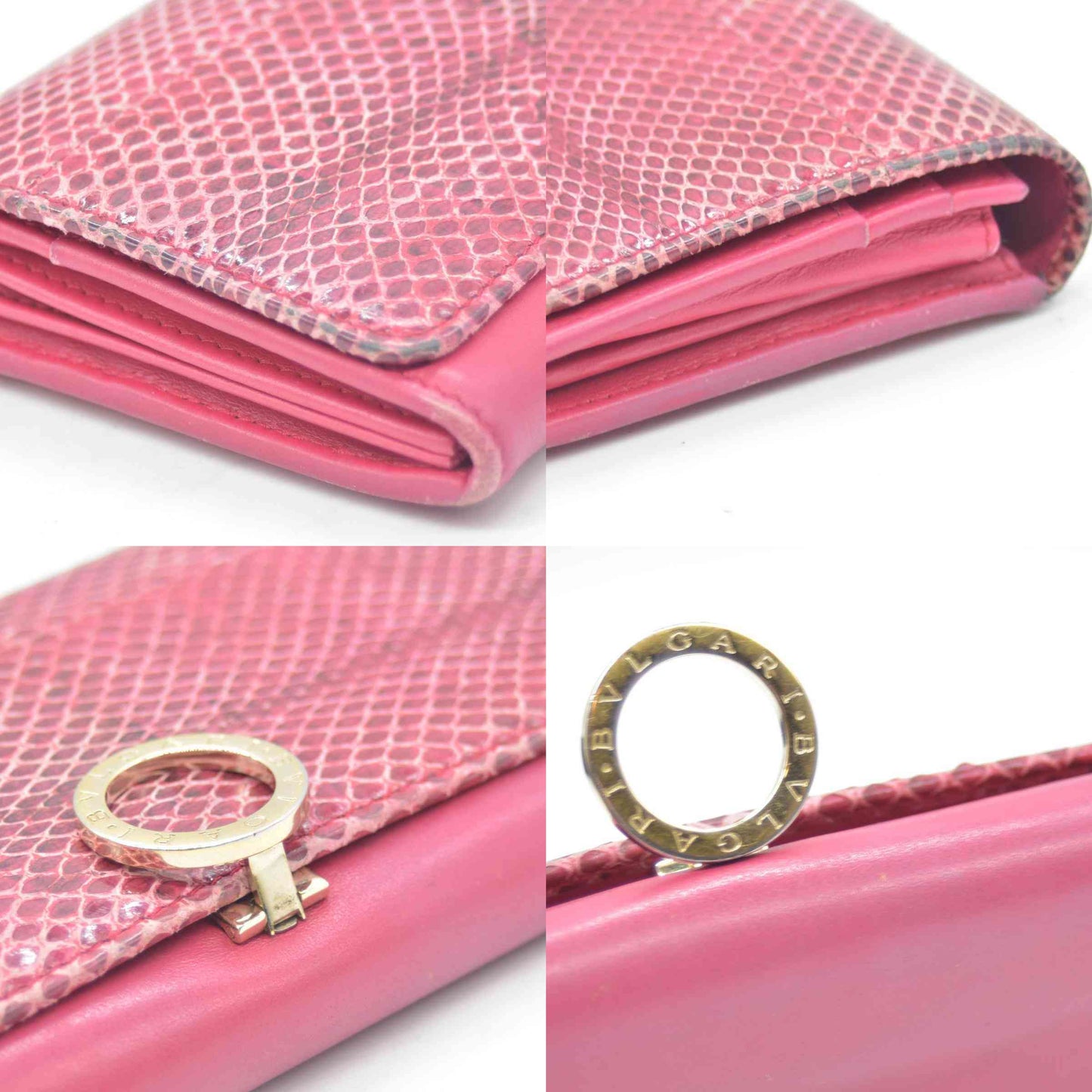 $790 BVLGARI Leather Bifold Long Wallet Pink Croc CONSIGNMENT