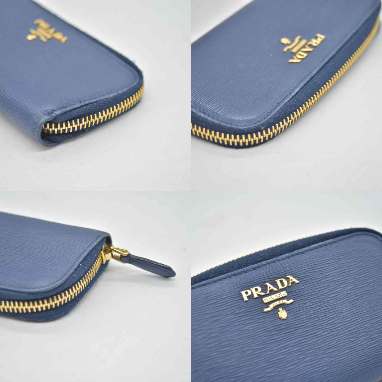 $460 Prada Saffiano Zip Around Key Holder Blue CONSIGNMENT