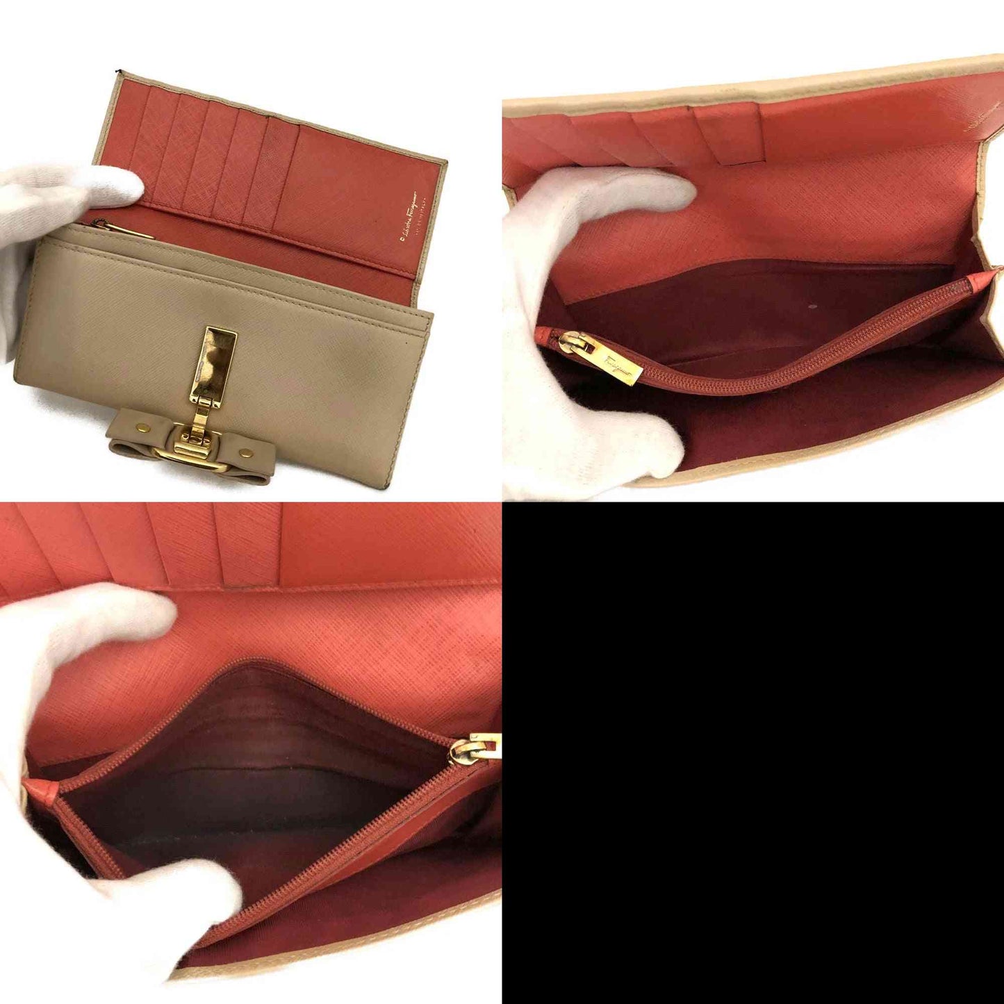 Salvatore Ferragamo Vara Ribbon Leather Long Bifold Wallet Beige