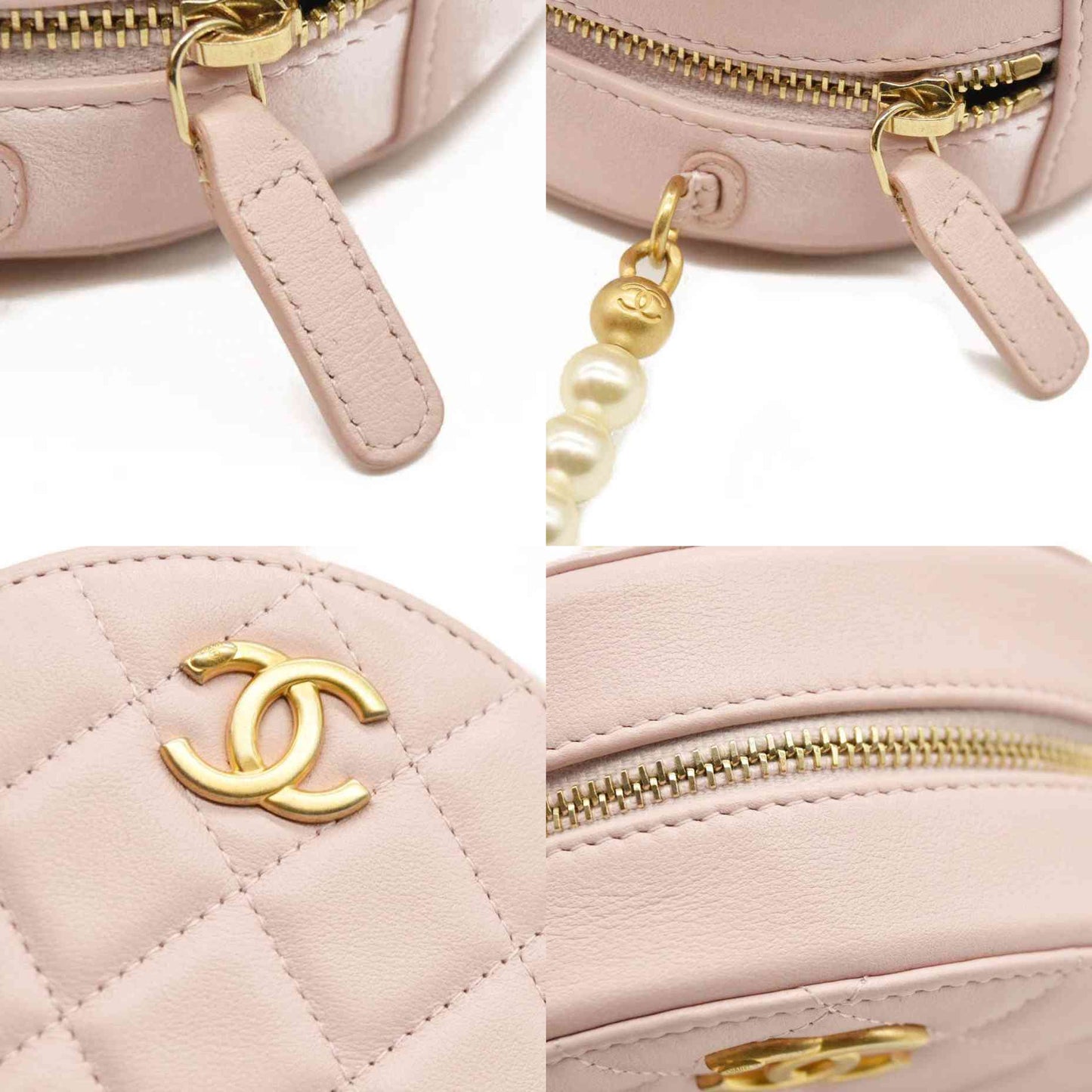 Chanel  Calfskin Quilted Pearl Round Clutch With Chain Light Pink 31*