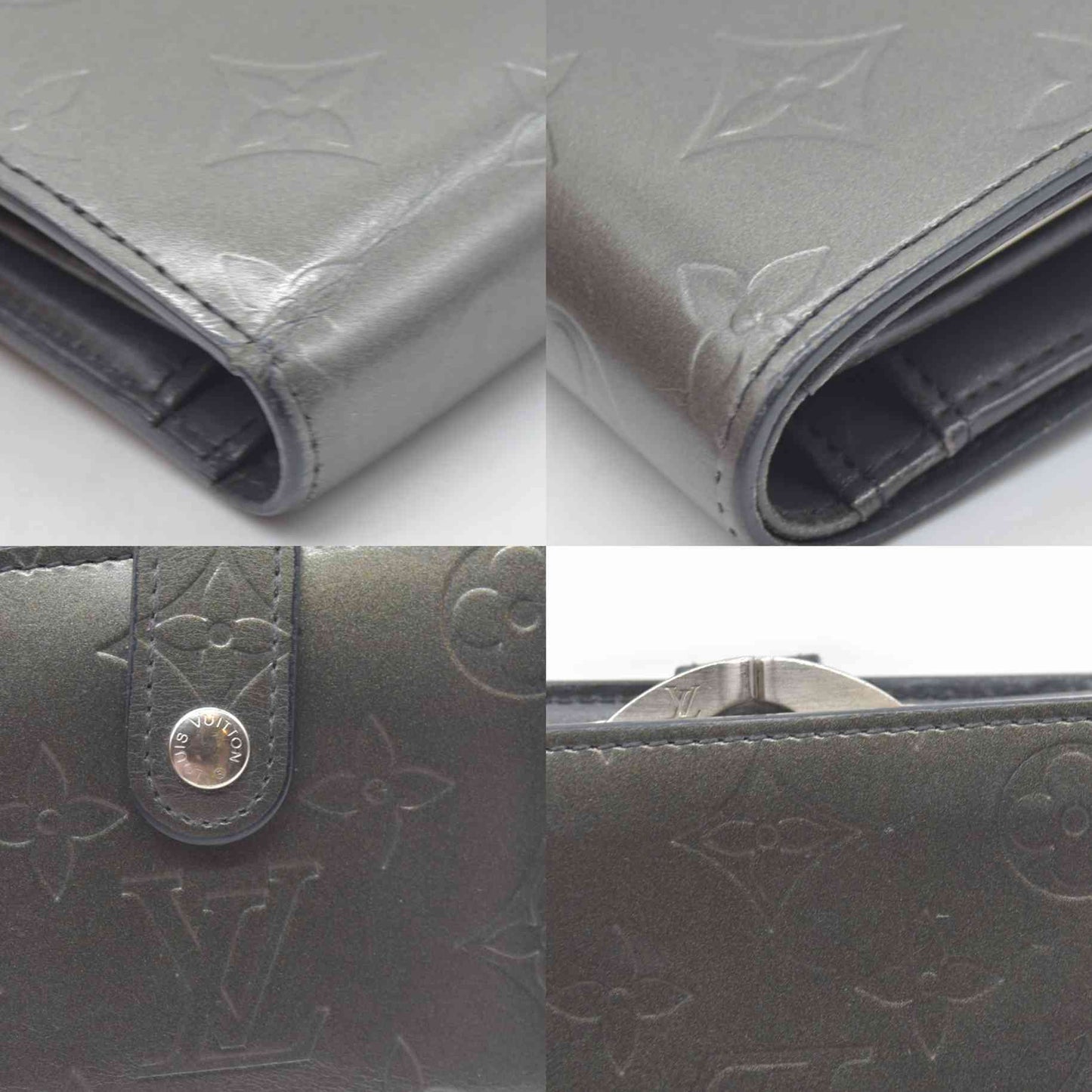 $935 LOUIS VUITTON Monogram Metallic Vernis Kisslock French Wallet Silver Grey MI1023