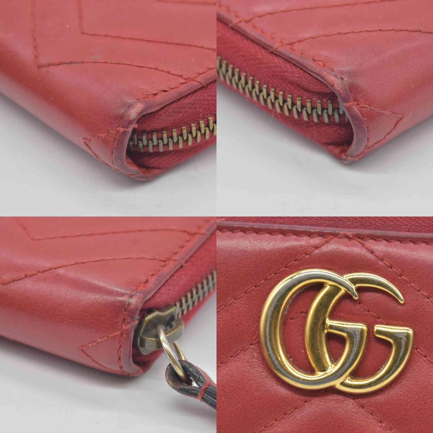 $830 Gucci Calfskin Matelasse GG Marmont Zip Around Wallet Hibiscus Red CONSIGNMENT