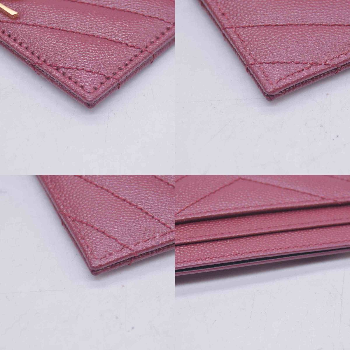 $450 Saint Laurent Grain De Poudre Matelasse Chevron Monogram Credit Card Case Palissandre CONSIGNMENT 10020997
