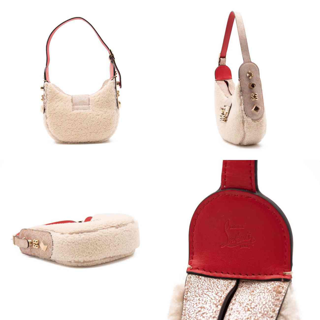 NEW Christian Louboutin Carasky Mini Studded White Shearling Wool Shoulder Bag