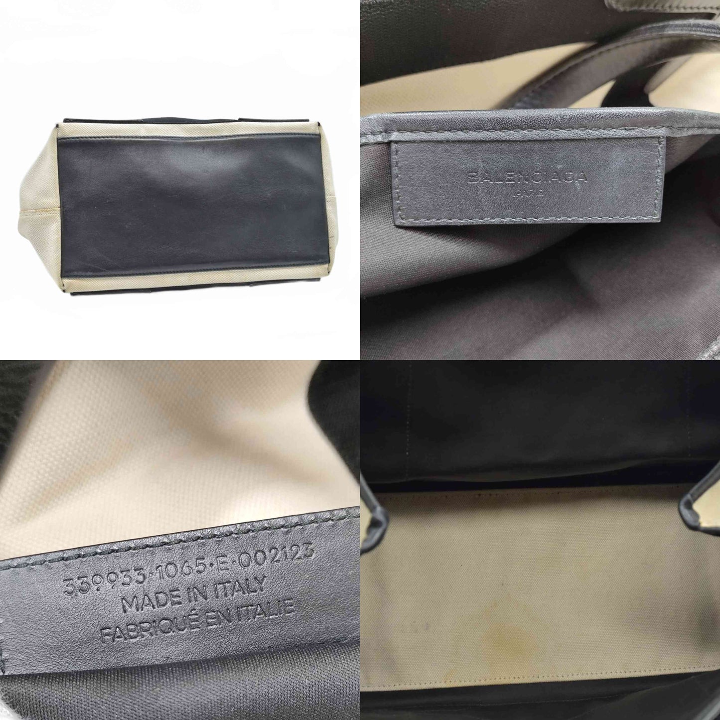 $995 Balenciaga Cotton Canvas Satin Calfskin S Navy Cabas Natural Black
